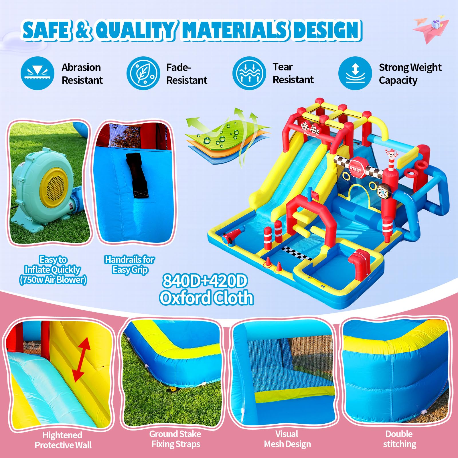 FBSPORT Castillo Hinchable 750W, 12-en-1 con Tobogán Acuático, Piscina, Área de Salto y Pared de Escalada, Este Castillo Hinchable para Interior y Exterior