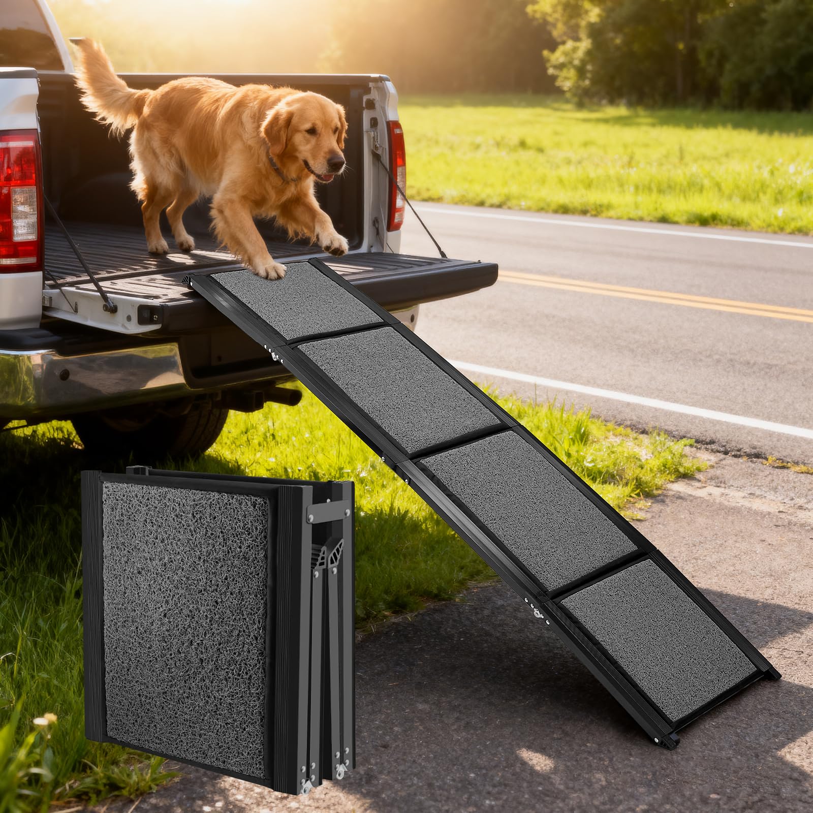 Extra Long 170cm Dog Ramps for Cars, Lightweight Portable Pet Ramp with Anti-Slip Rug Surface, Folding Pet Ramp Stairs, Supports Up to 130KG, Dog Steps for Car, SUV, Truck (Coiled Style – 170×43cm)