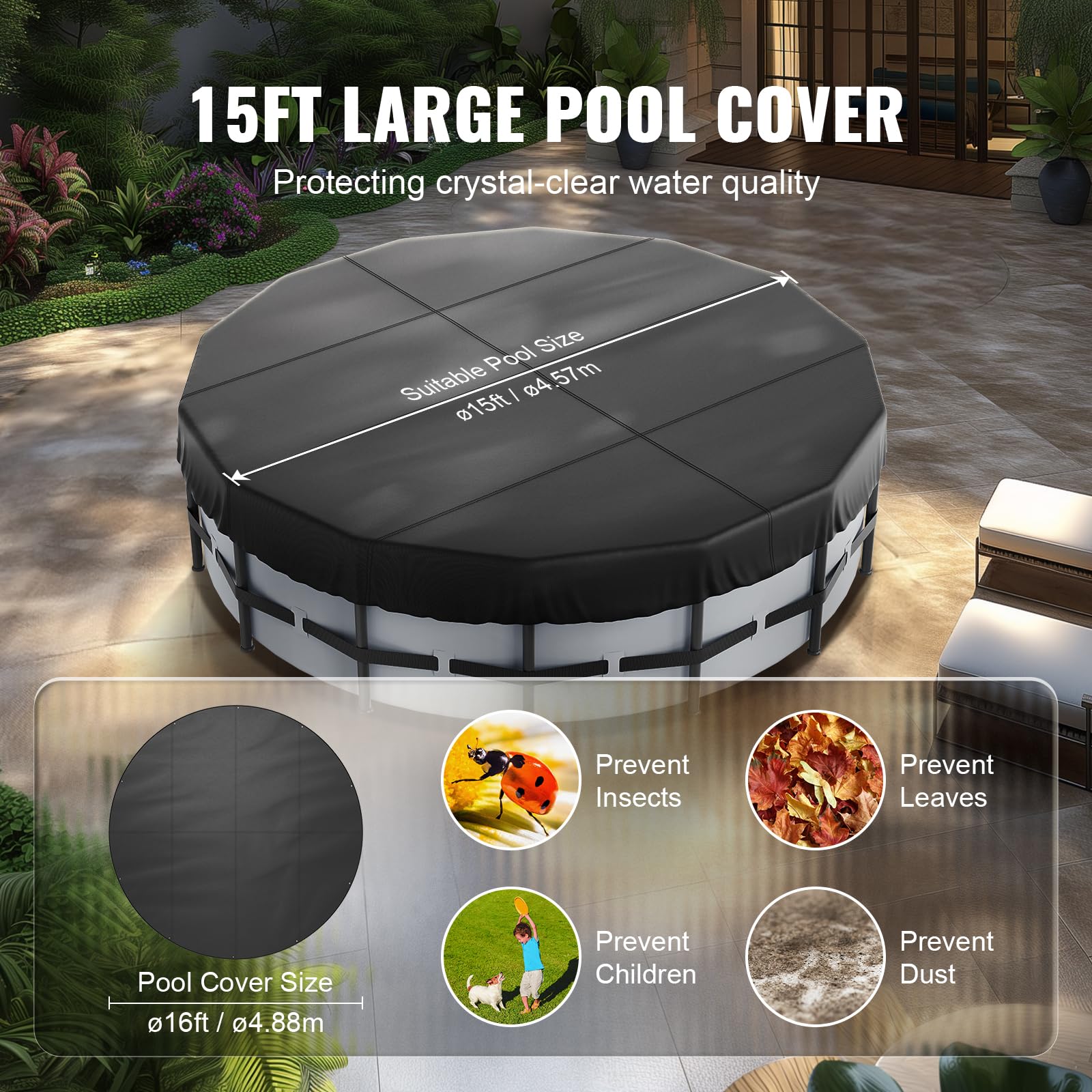 VEVOR Cobertor Redondo para Piscina Cobertor Solar para Piscina elevada 4,57m Cobertor de Seguridad para Invierno Tela Oxford 420D Cordón Impermeable Resistente al Sol para protección de Piscina Negro