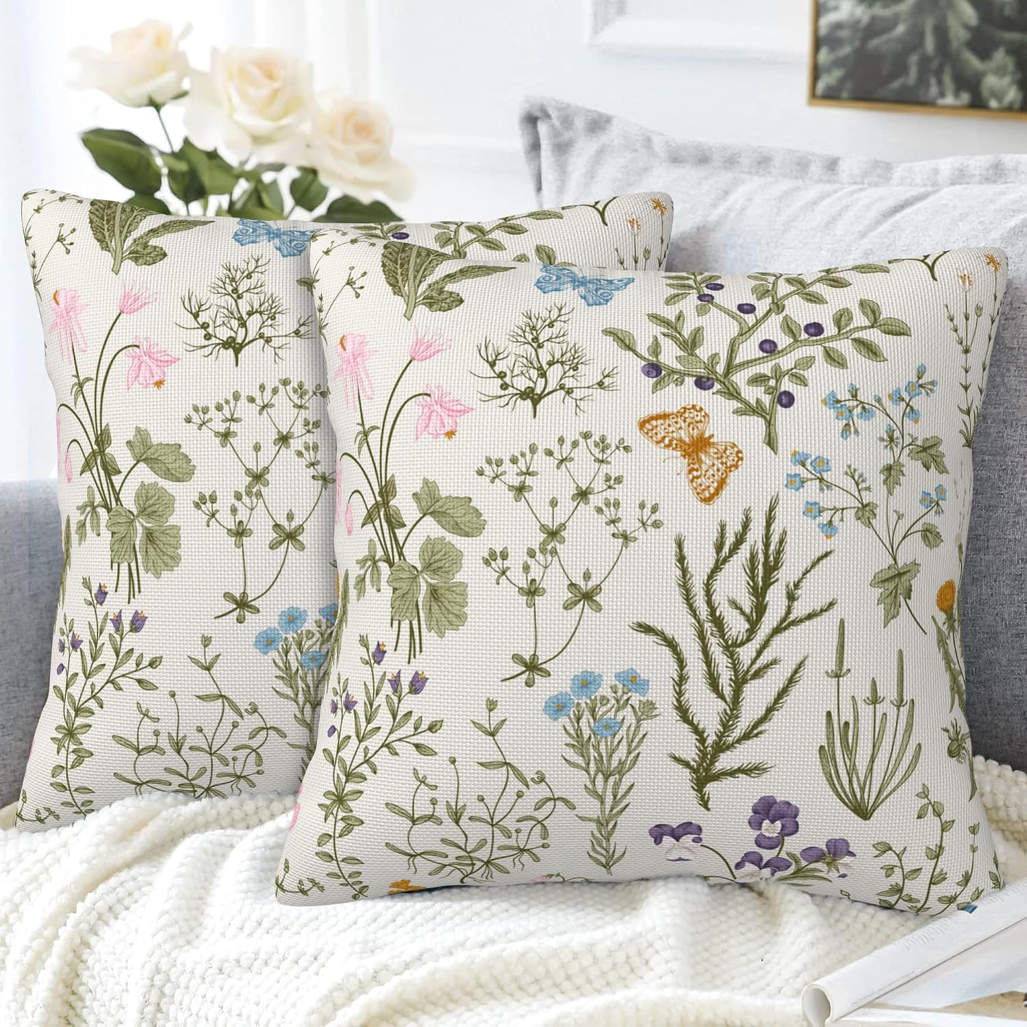 Vintage Floral Throw Pillow Covers Set of 2 Herbs and Wild Flowers Pillow Covers 18x18 Inch Modern Farmhouse Home Decorative Pillow Cases Cushion Cover for Sofa Living Room Office image 4