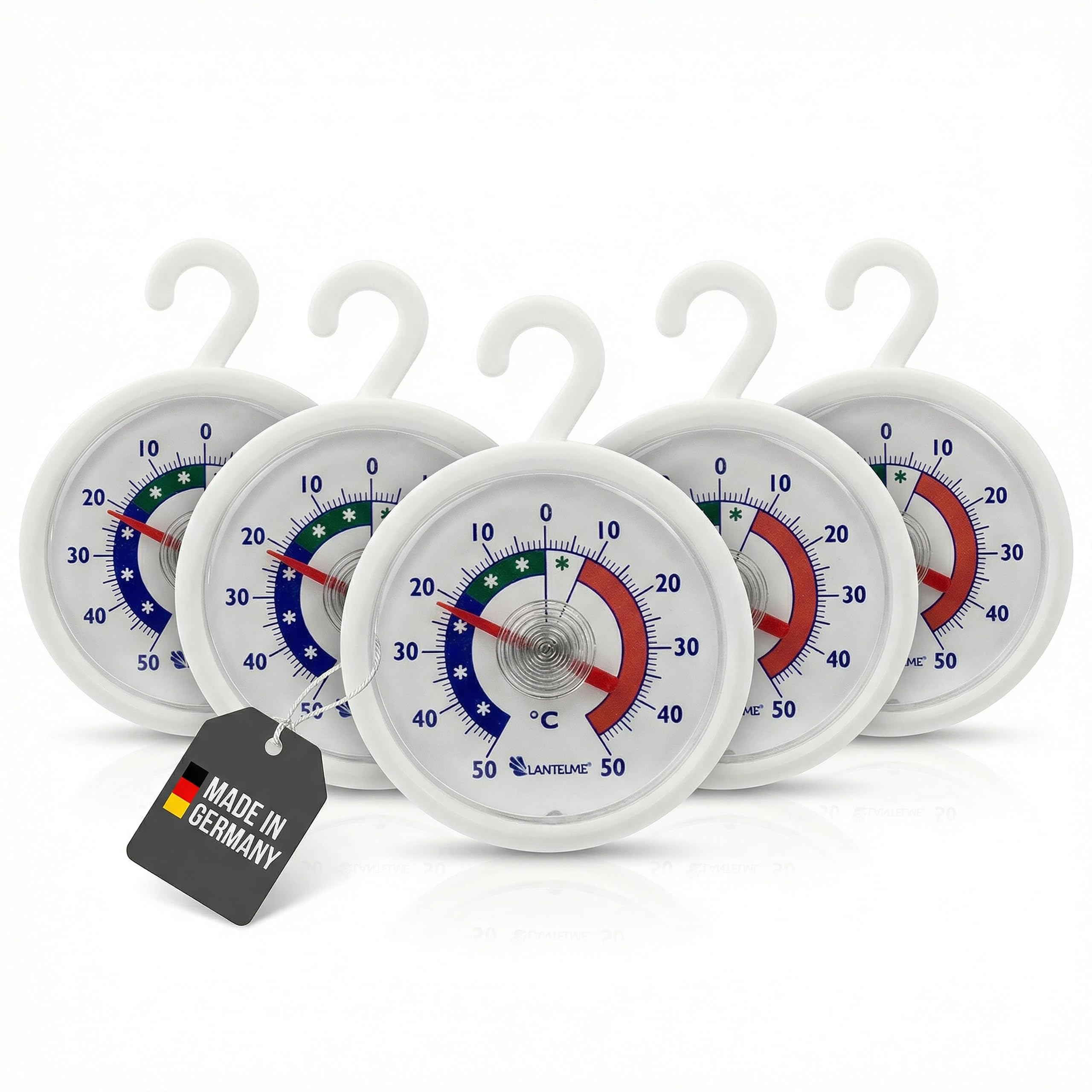 Lantelme 5 Stück Kühlschrankthermometer Set mit Haken zum aufhängen | Temperatur + - 50°C | auch für Gefrierschrank Gefriertruhe Kühltheke Weinschrank | Analog Kühlschrank Thermometer
