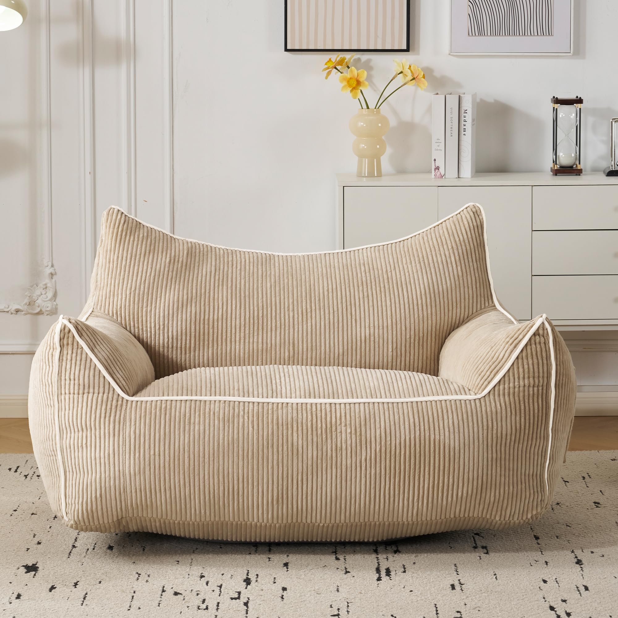 Sitzsack Cord mit Rückenlehne, Sitzsack Erwachsene mit Füllung, Großer Bean Bag aus Kunstfell, Bequemer Lounge-Sessel mit Hochdichtem Schaumstoff, Schlafzimmer & Wohnzimmer, Beige