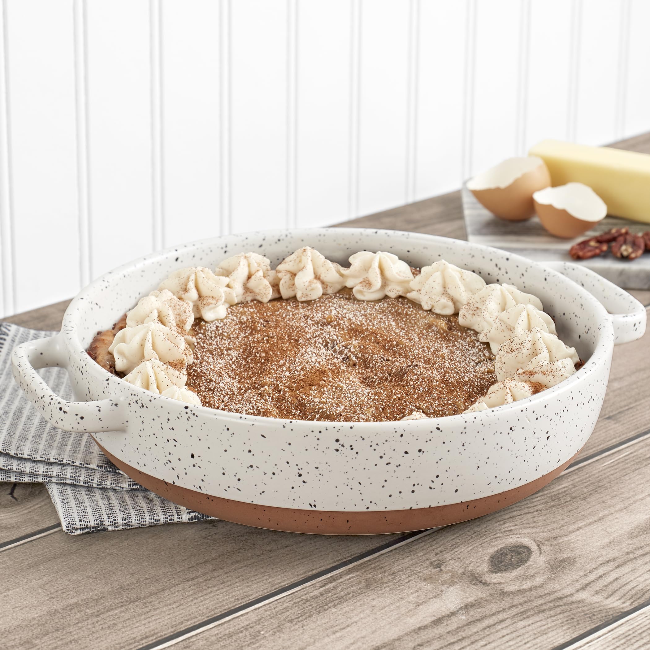 Denmark Tools For Cooks 1.7 Quart Speckled White Round Stoneware Pie Dish Baking Pan with Handles