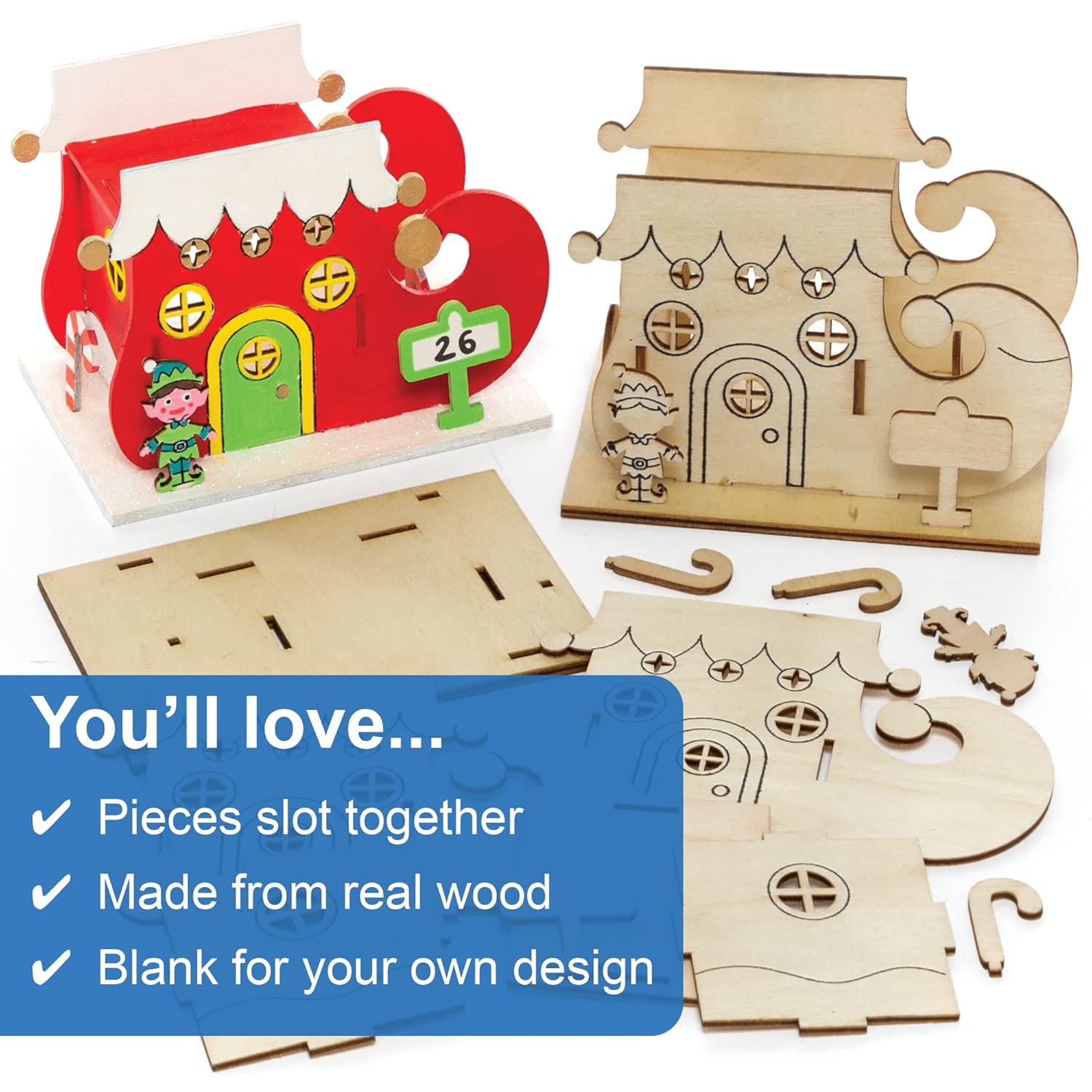 Baker Ross FE967 Elf House Wooden Model Kit - Pack of 3, Tealight Holder to Decorate and Display, Wooden Crafts for Children, Ideal Christmas Arts and Crafts Project