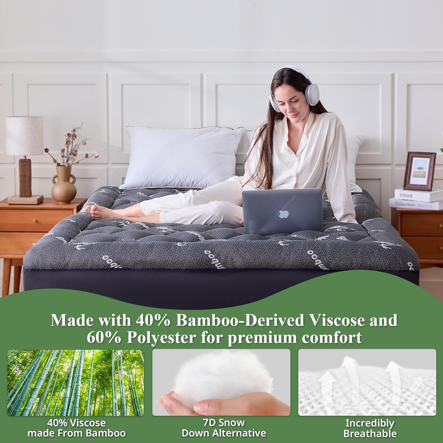 King Mattress Topper, Viscose Derived from Bamboo Thick Pillow Top Mattress Pad with Deep Pocket, Naturally Cooling for Hot Sleepers, Soft for Back Pain Relief, Dark Gray