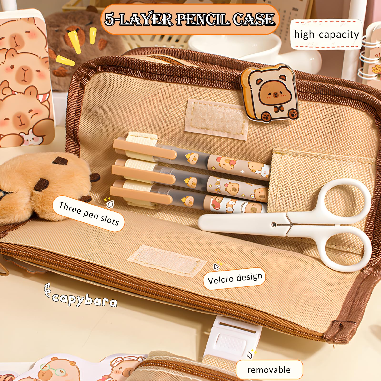 JYJLLM Capybara 5-Layer Mesh Zipper Pencil Case (12x22cm), Large Capacity Organizer for Pen Collection Artists - Image 4