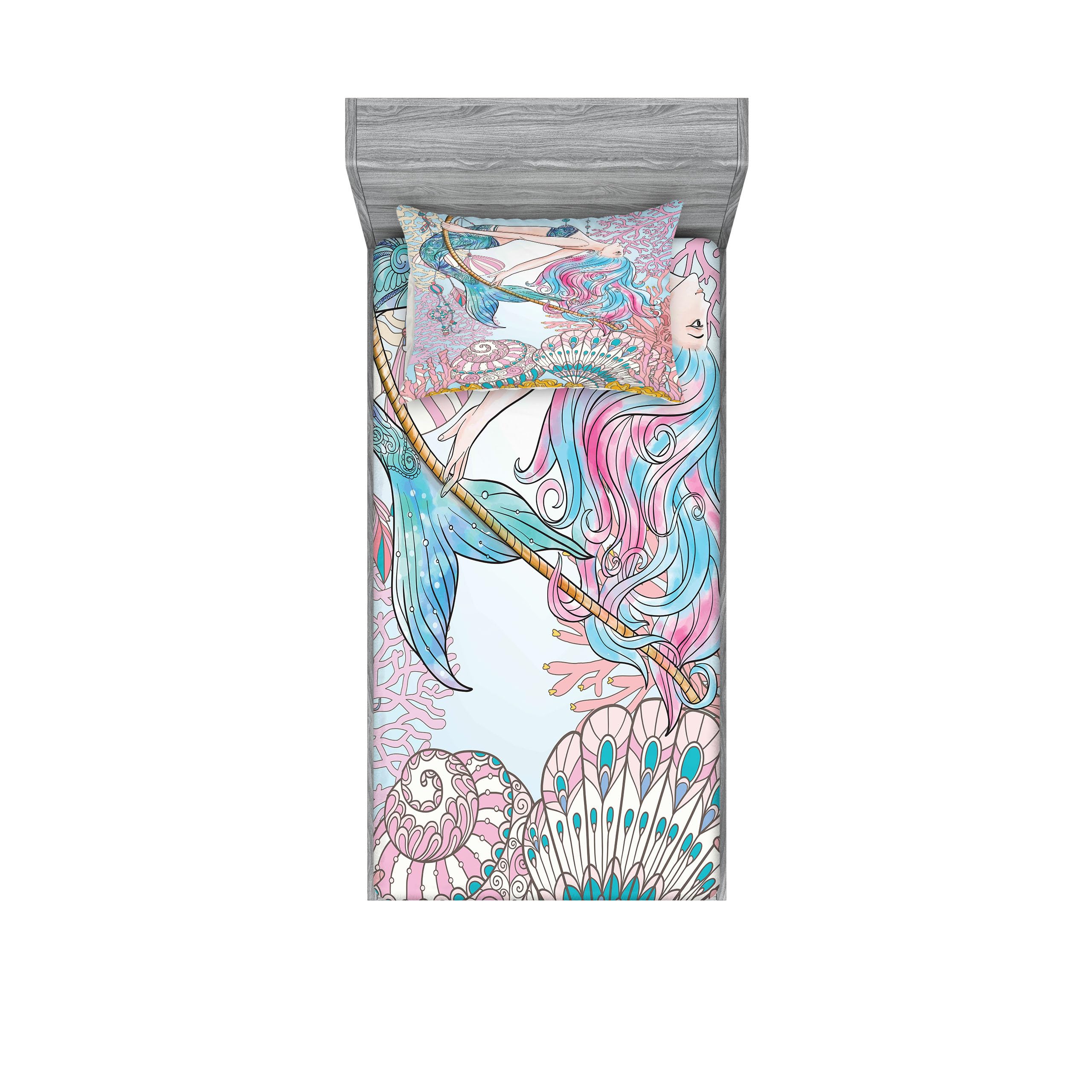 Ambesonne Mermaid Fitted Sheet & Pillow Sham Set, Cartoon Woman in Sea Sirens of Greek Myth Female Human Tail of Fish Image, Decorative Printed 2 Piece Bedding Decor Set, Twinxl, Pink Navy