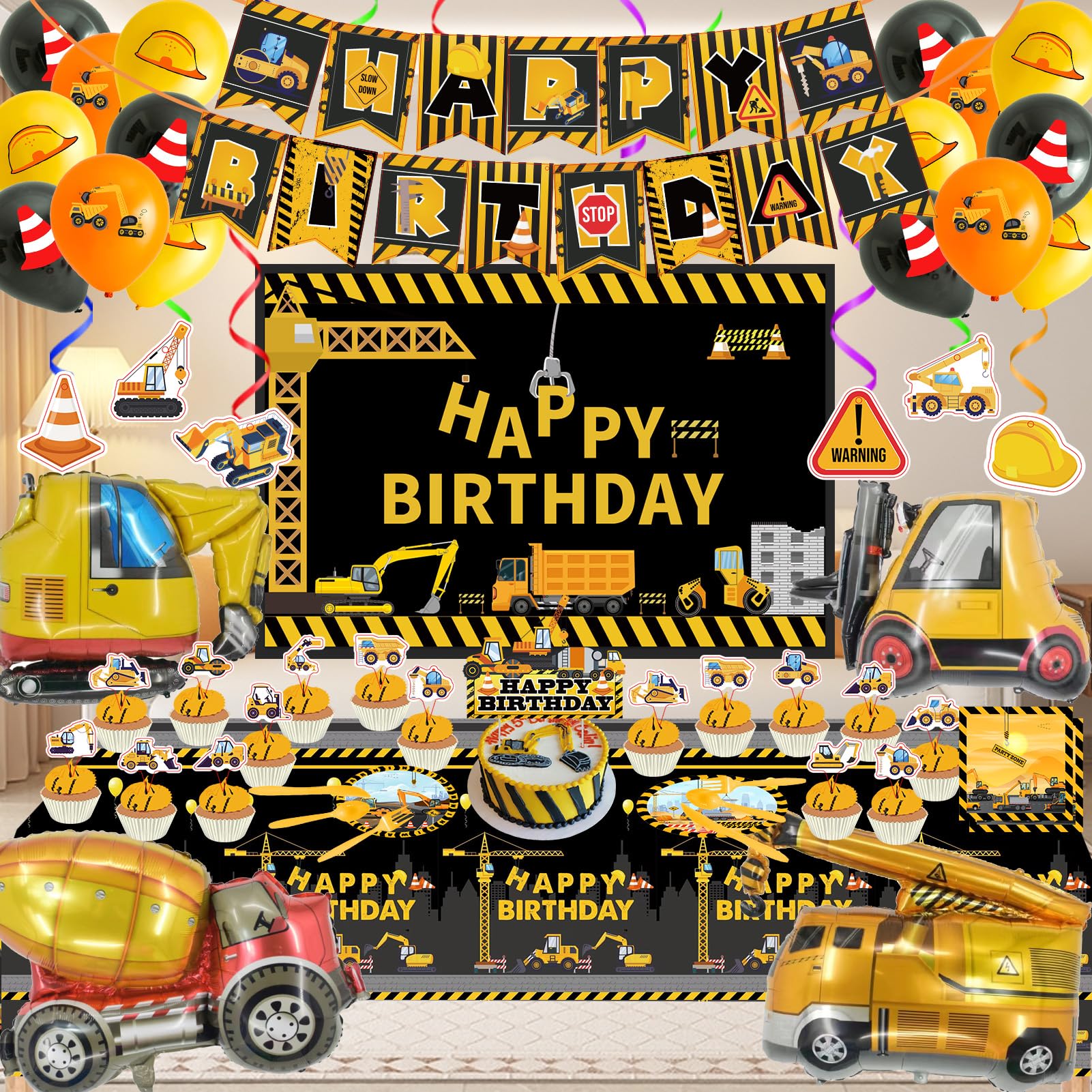 Construction Birthday Party Supplies, Dump Truck Party Decorations Include Happy Birthday Banner, Backdrop, Tableware Set, Tablecloth, Cake Toppers, Cupcake Toppers, Latex Balloons, Foil balloons