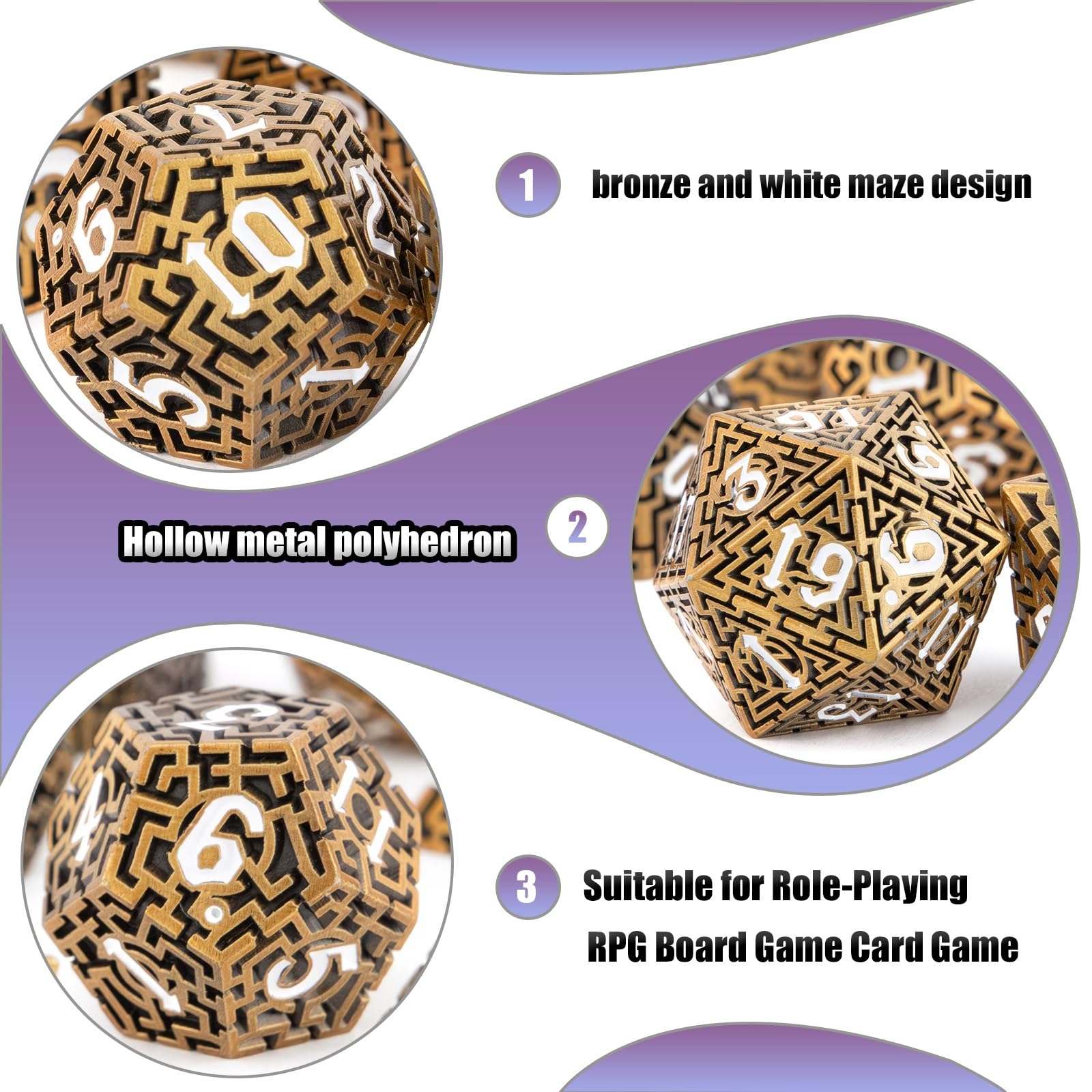 7 dados de diseño de laberinto de bronce y blanco, poliedro hueco, compatibles con juegos de rol RPG de cartas