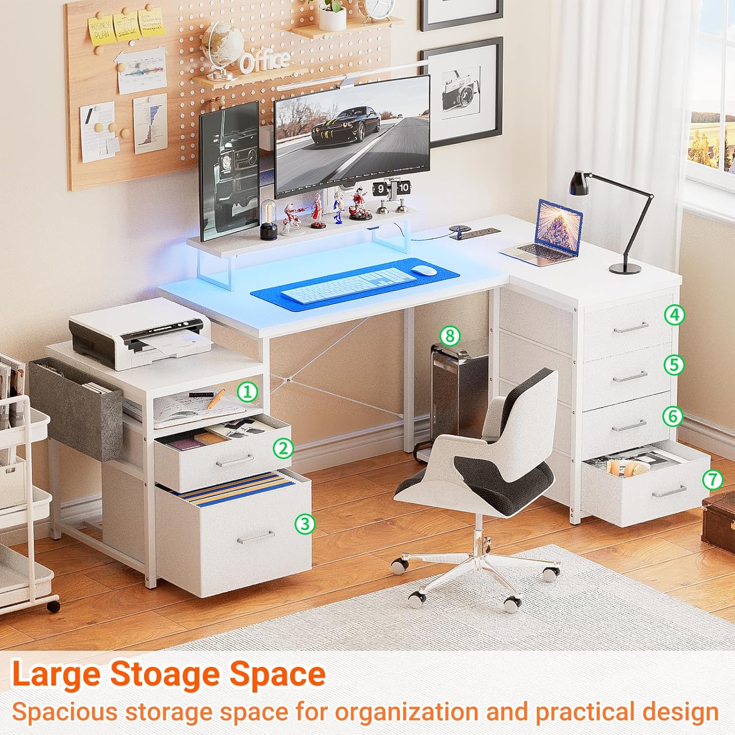 Unikito 70.8" Reversible L Shaped Computer Desk with Fabric File Drawers, Corner Desks with RGB LED Light & Power Outlets & Monitor Stand, Large Gaming Desk for Home Office Workstation, White