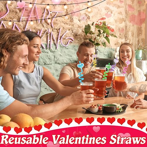 Miniatura 6 de JANYUN Pajitas de San Valentín, 20 popotes reutilizables de plástico con forma de corazón, regalos de fiesta de San Valentín, regalos para el día de