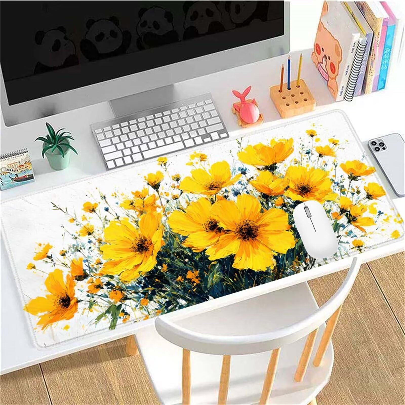 Alfombrilla Ratón Amarillo Flor Alfombrilla Ratón XXL 1400x600x3mm Mouse Pad Resiste Salpicaduras, Extendida de Gran Tamaño con Bordes Cosidos, Mejora la Precisión y la Velocidad, Antideslizante y-275