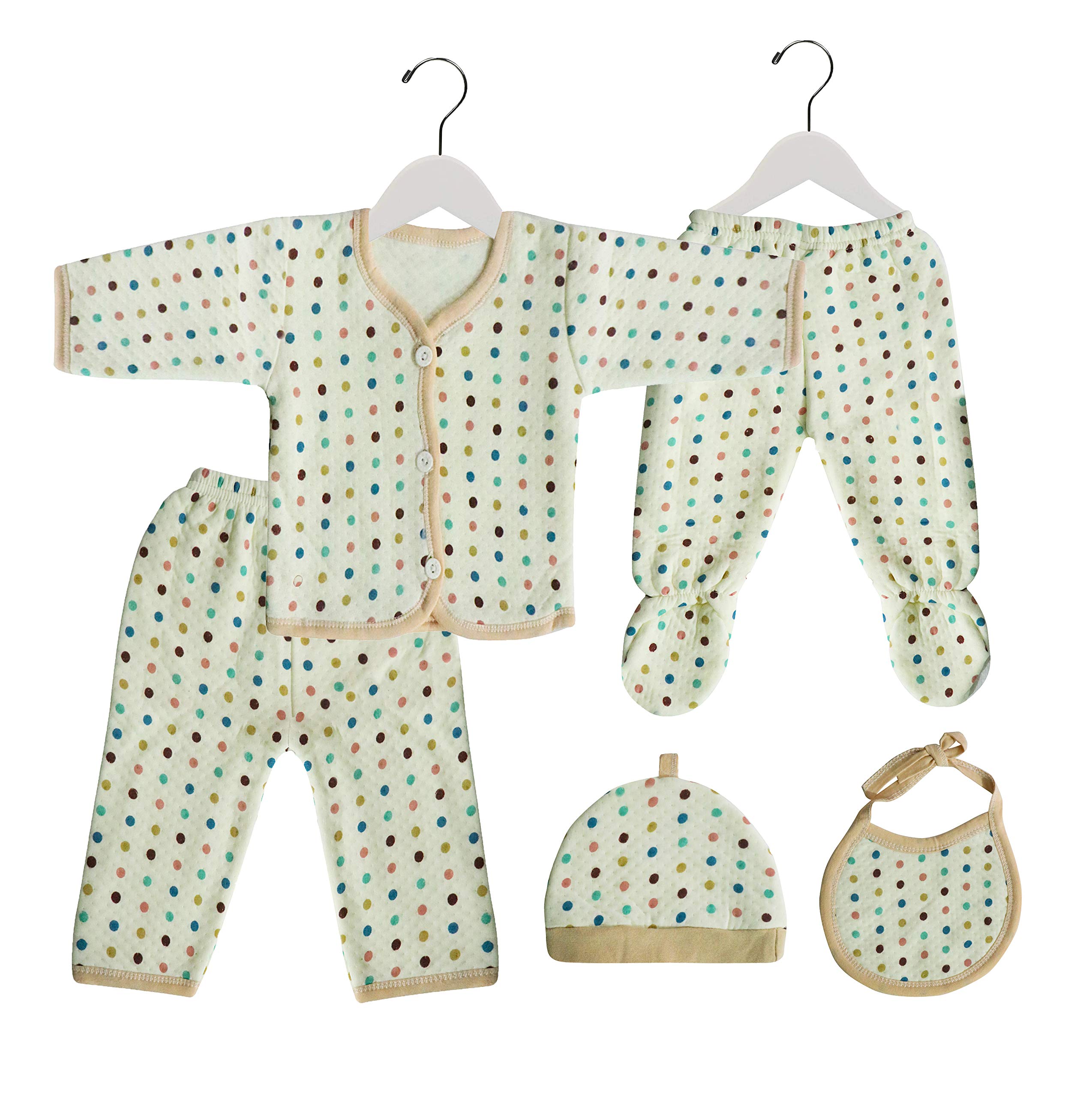 Fancy Walas Presents Born Baby Winter Wear - 5Pcs Cartoon Printed Cotton Fleece Set For Boys, Girls, Unisex Off White, 0-6 Months