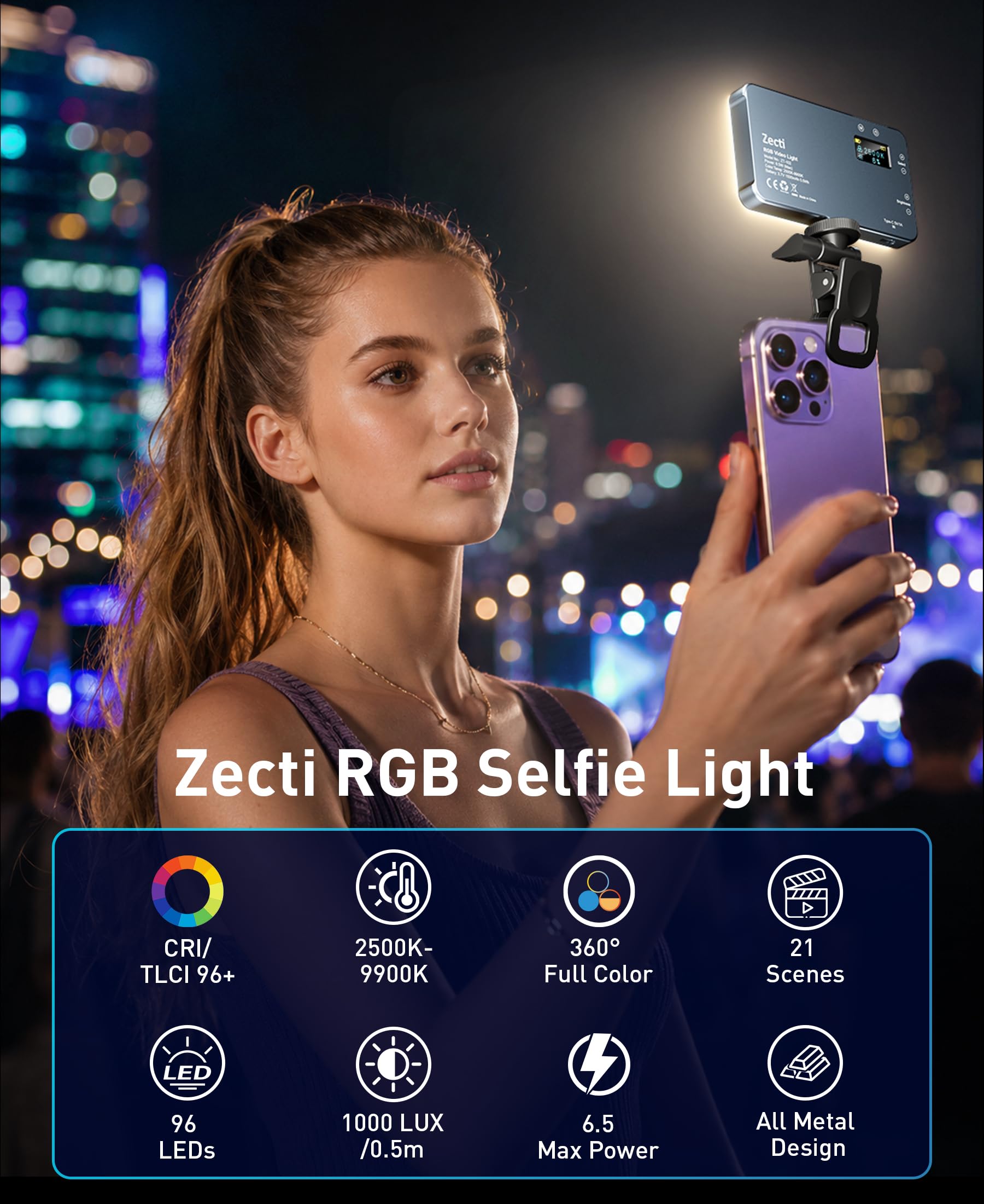 Lampe Selfie, 96 LEDs avec Fixation Métallique et Pince, Batterie Rechargeable 1500mAh, 360° Couleurs RVB 21 Modes d'Éclairage pour Téléphones, iPhone, Ordinateurs, Caméras, Conférences Vidéo, TikTok