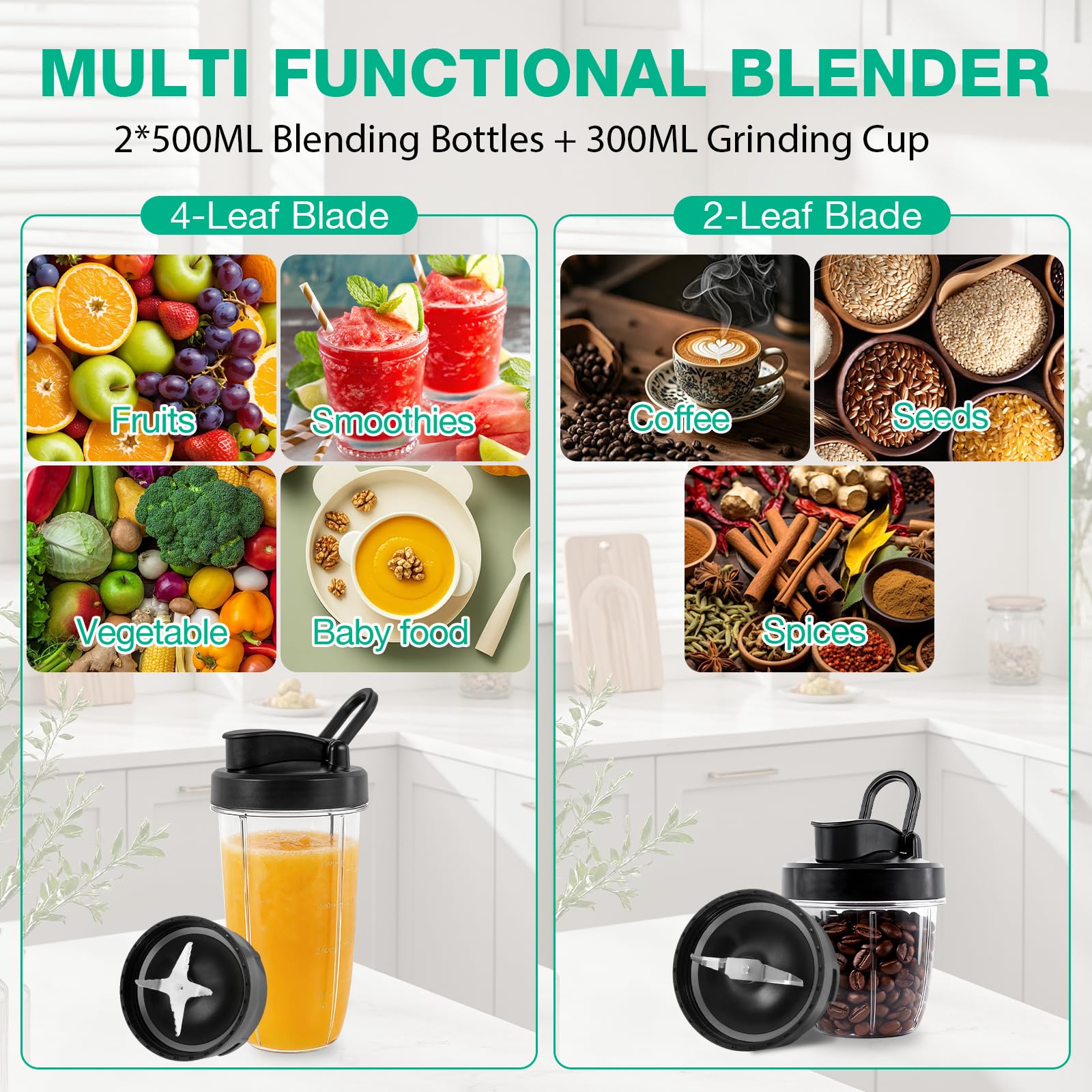 Licuadora portátil de 500 W, exprimidor de 25000 rpm, mezcla extractora de batidos, frutas congeladas, nueces y hielo, con 2 tazas ToGo de 500 ml, molinillo de 300 ml y 2 asas de transporte, ideal