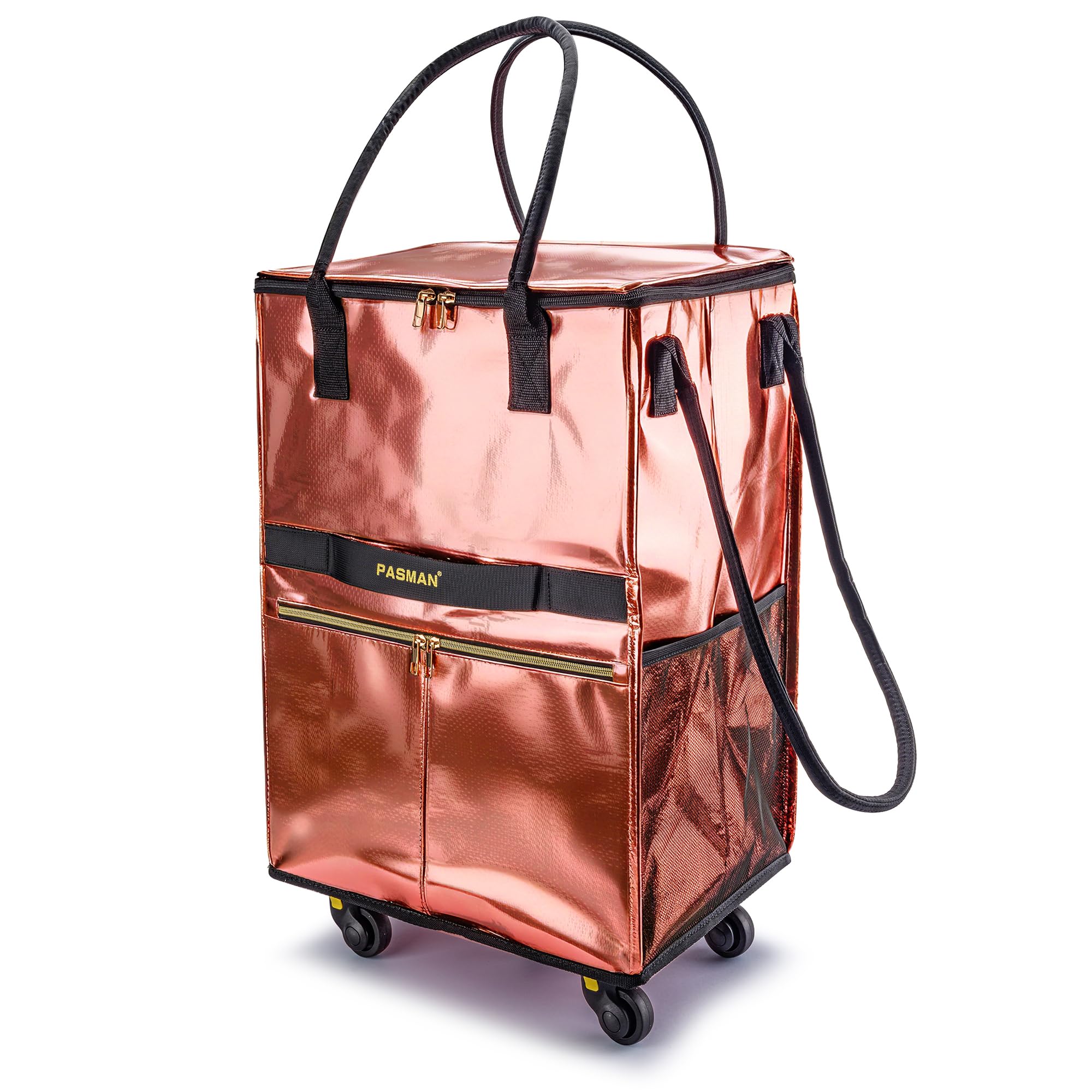 PASMAN Reusable Foldable Rolling Grocery Bag on 5 Wheels,Large, Rose Gold