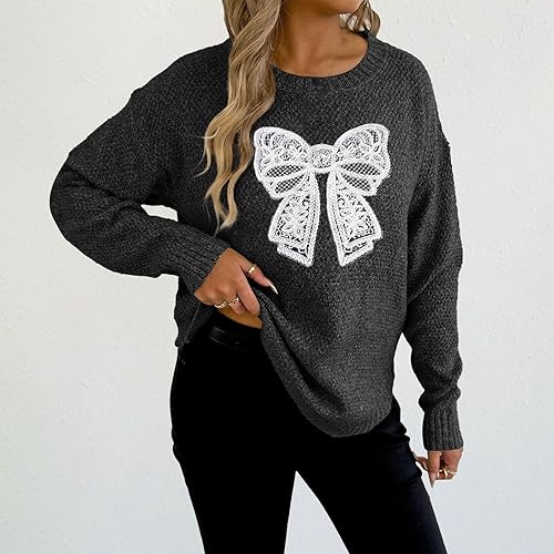 CRNTCEM Women Y2k Bow Oversized Sweater Cozy Crewneck Knit Jumper 2025 Trendy Winter Warm Christmas Holiday Knitwear(Black,Medium)