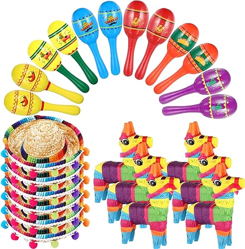 Miniatura 7 de Hungdao 24 piezas de decoraciones de fiesta mexicana, incluye mini piñata de burro, maracas de fiesta de madera para niños, mini sombrero, sombreros