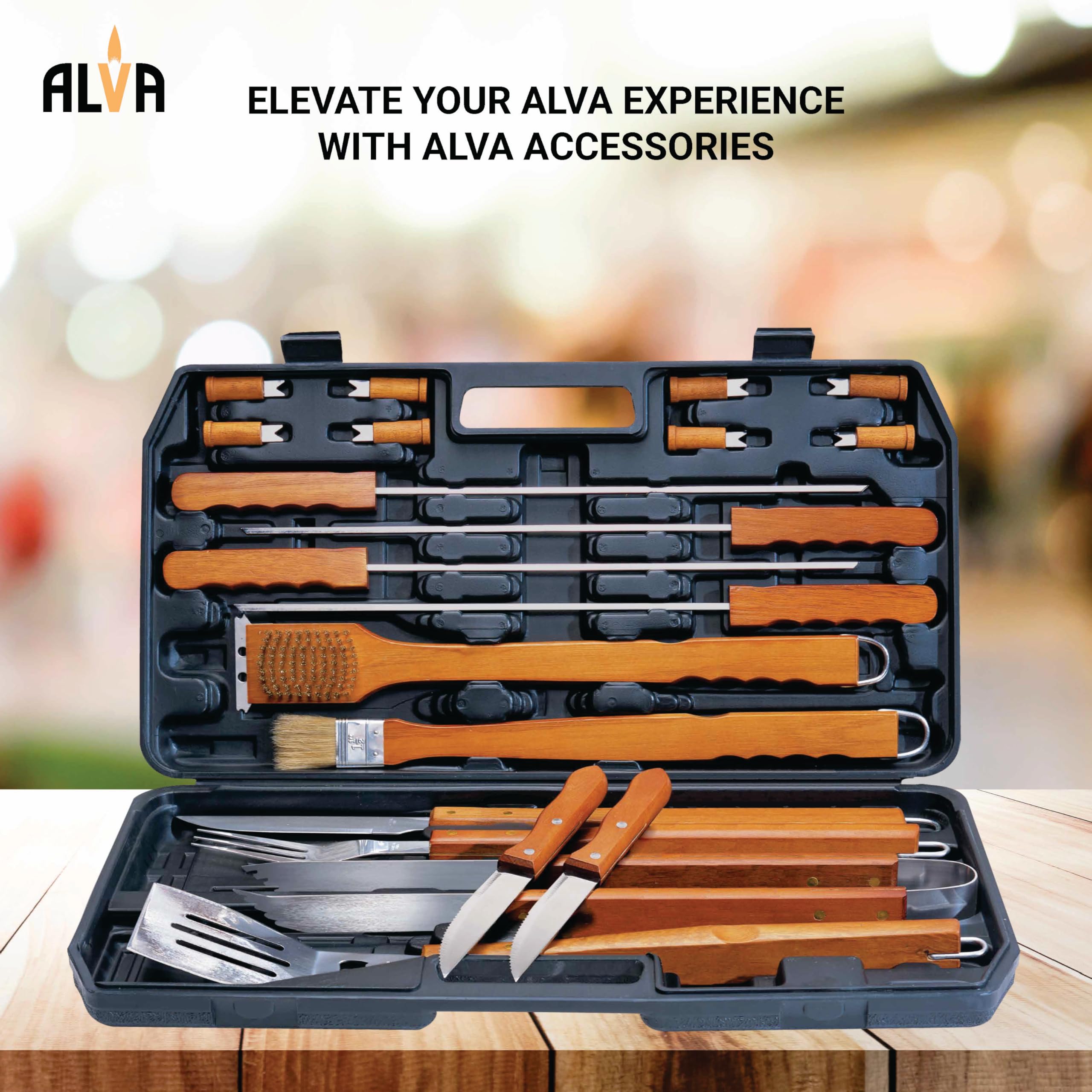 ALVA 21Pc Deluxe Wood-Handled BBQ/Braai Tool Set In Carry Case