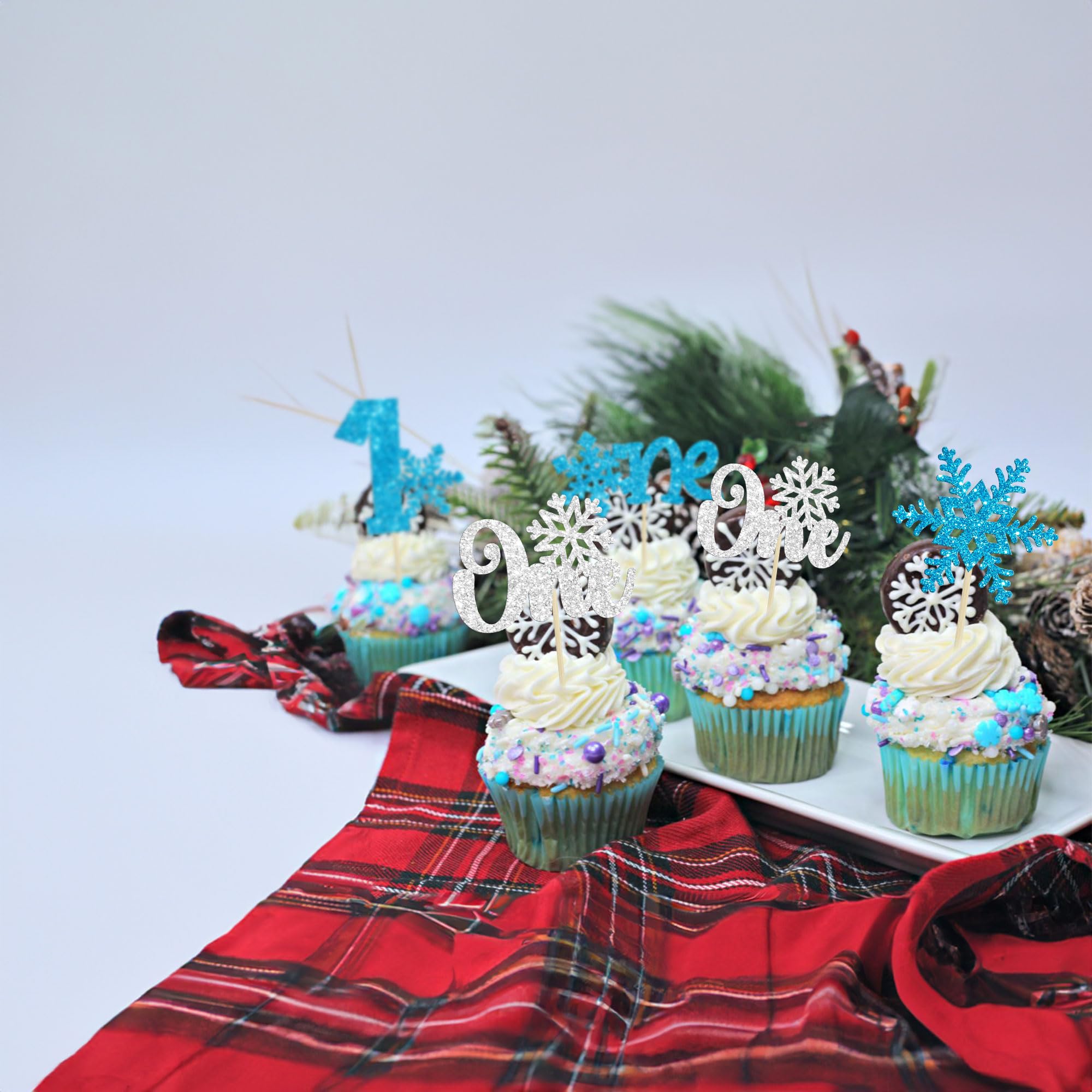 Gyufise Cupcake-Topper Schneeflocken – 24 Stück, Blau-silber Glitzernd, Für Winterparty, 1. Geburtstag, Babyshower