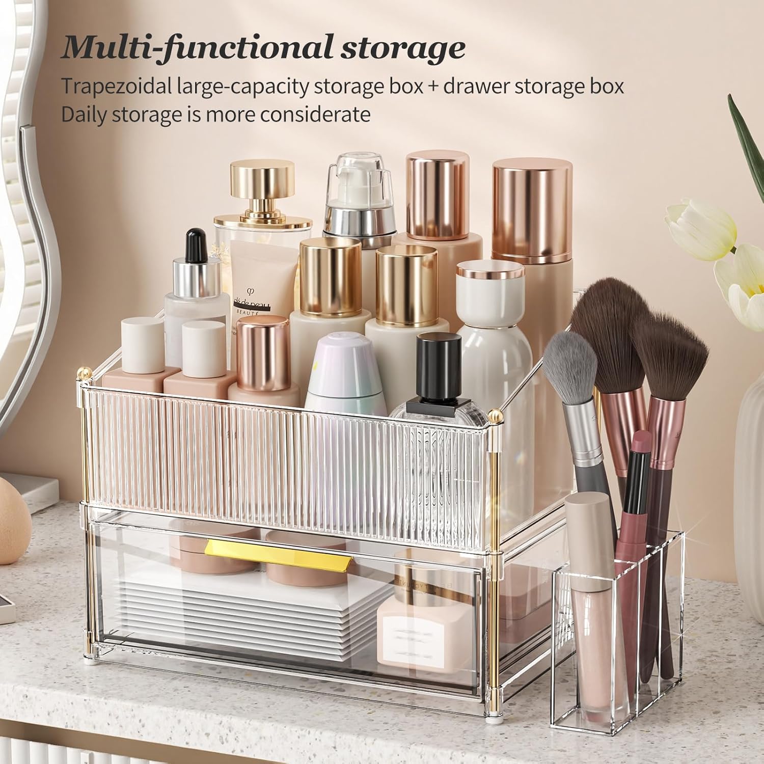 INVSSENE Stackable Makeup Organizer Countertop, Storage Perfume Skincare Cosmetic Lipstick Face Mask Makeup Brush Palettes, Ideal for Vanity Bathroom Counter