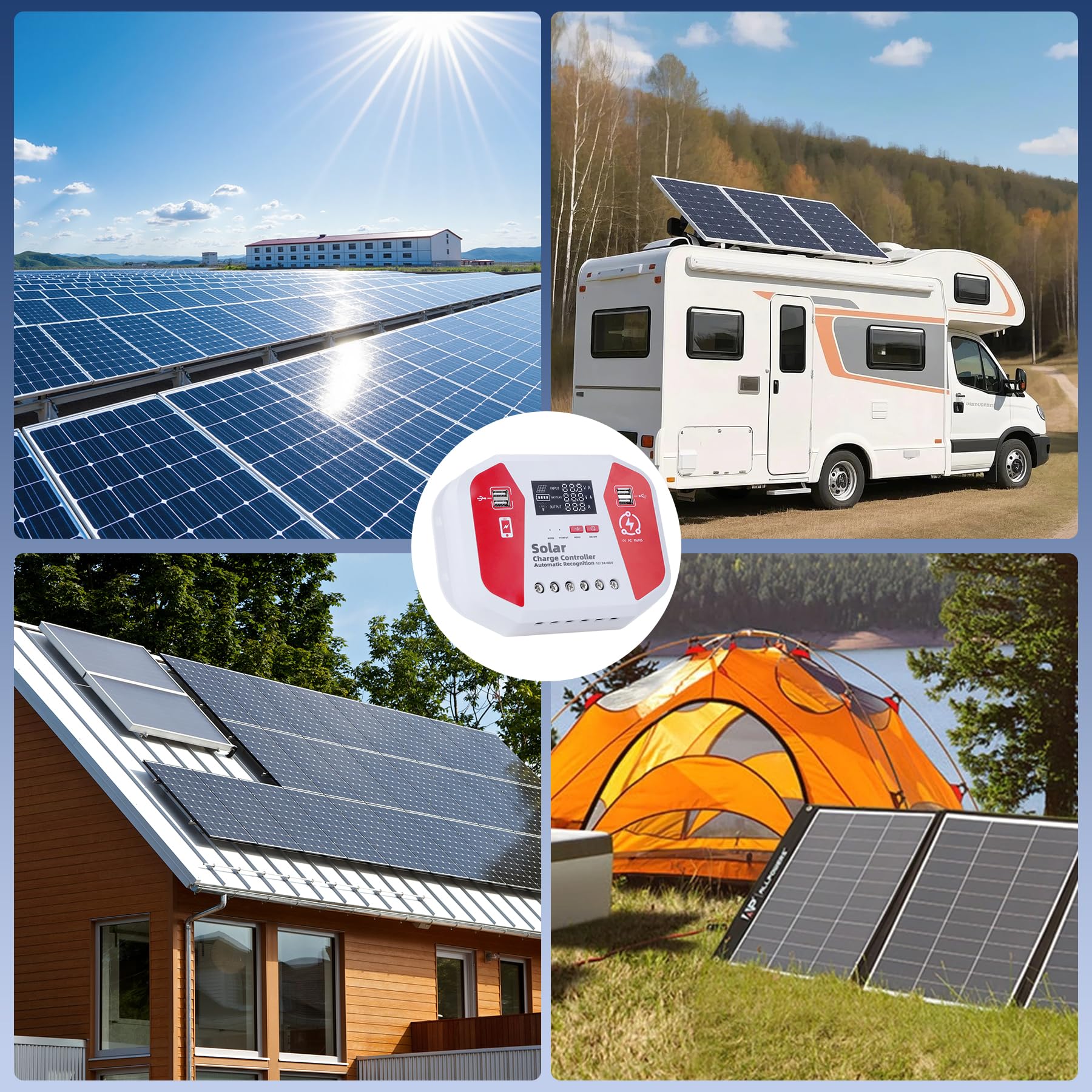 12V/24V Contrôleur De Charge Solaire, PWM Contrôleur De Charge Panneau Solaire, LCD Écran, 4 Ports USB, Compatible Gel Sealed Flooded Et La Batterie Au Lithium (60A)