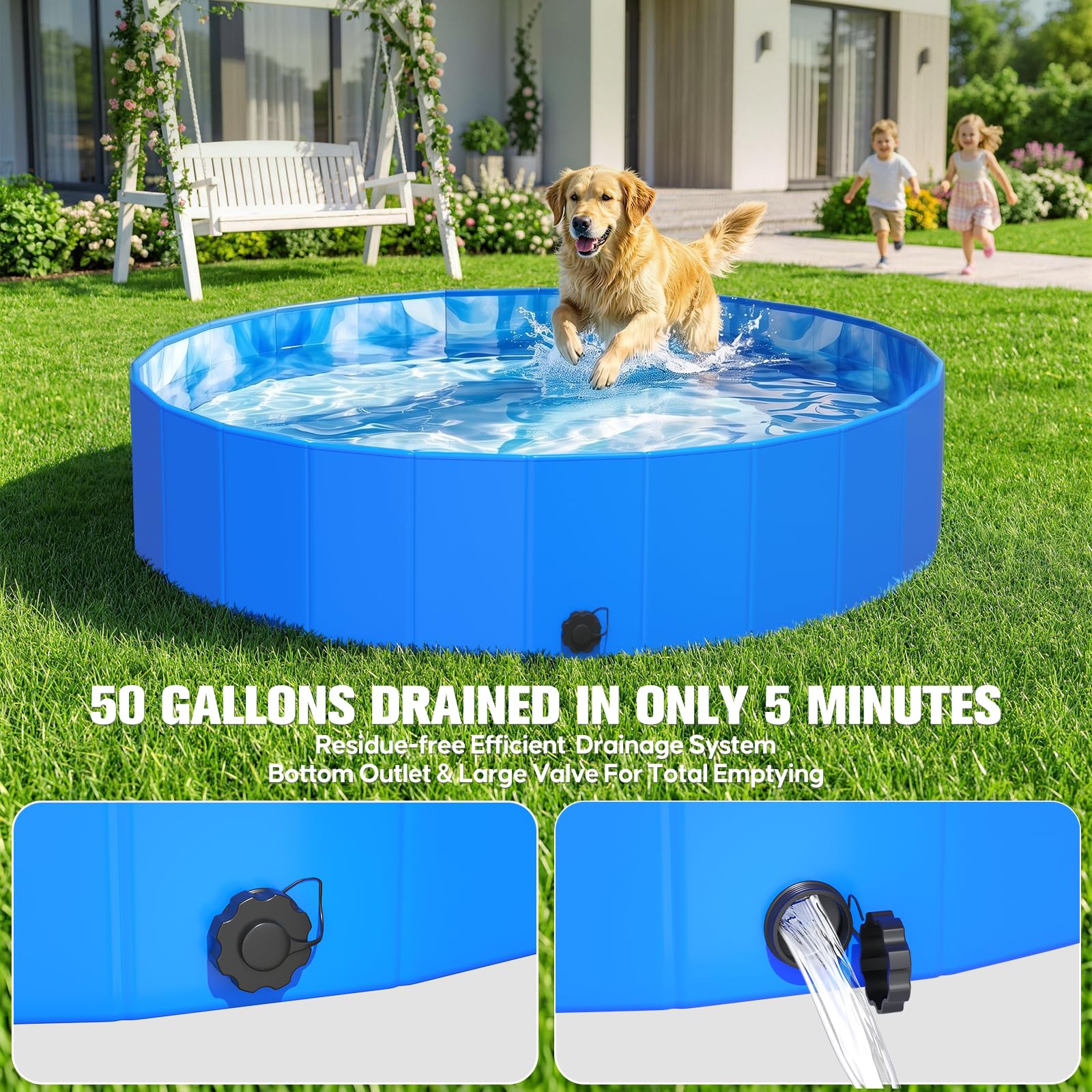KingSom Hundepool, Hundebadewanne für Große Kleine Hunde, Faltbarer Hund Planschbecken rutschfest, Verdickt Robust Planschbecken Swimmingpool für Kinder, Schnelle Entwässerung Hundepool, 122 x 31 cm