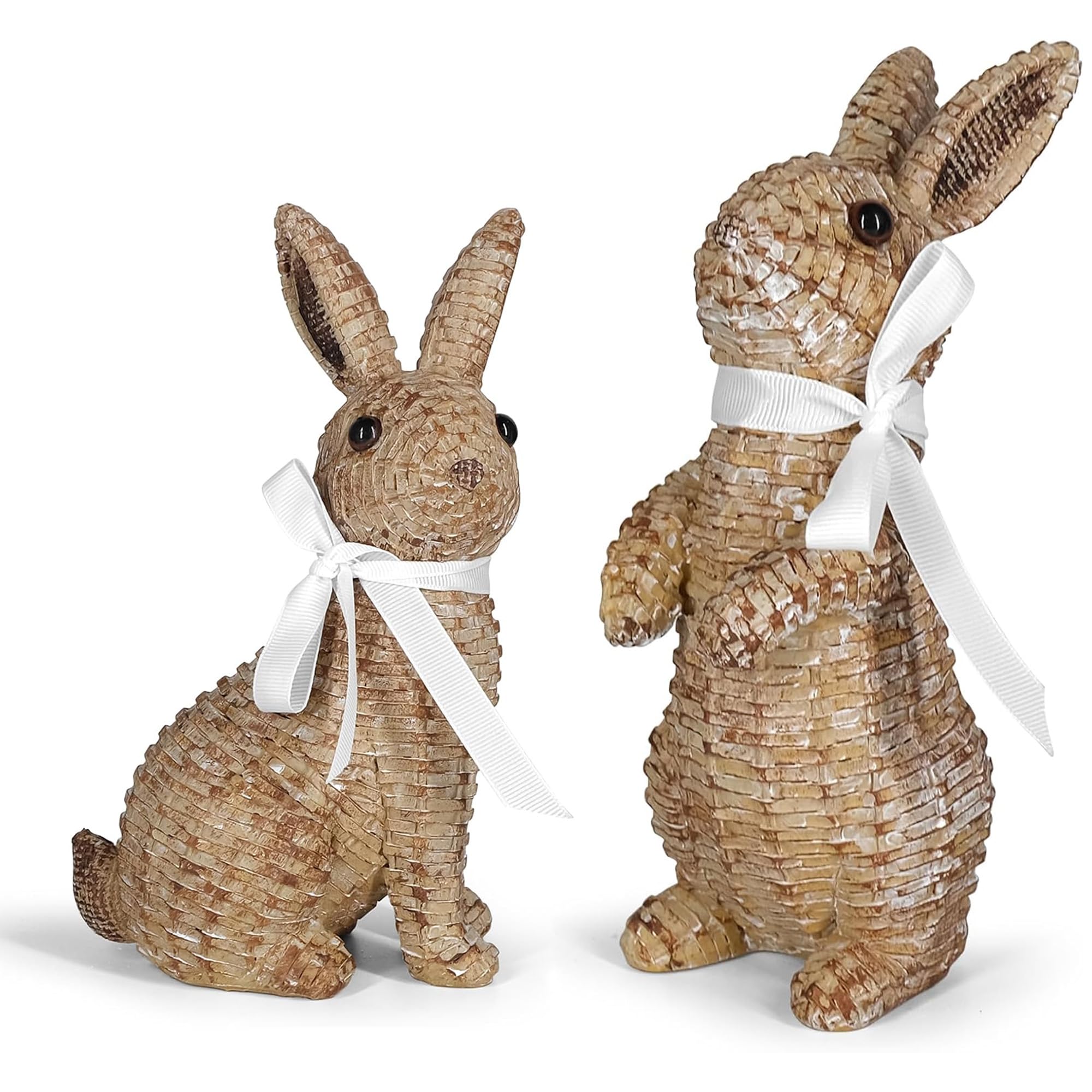 Rattan Effect Resin Bunny Easter Decor,Table Rabbit Easter Decorations,Spring Bunnies Decoration Statue Figurine for Home Farmhouse (Brown, Small-Pair)