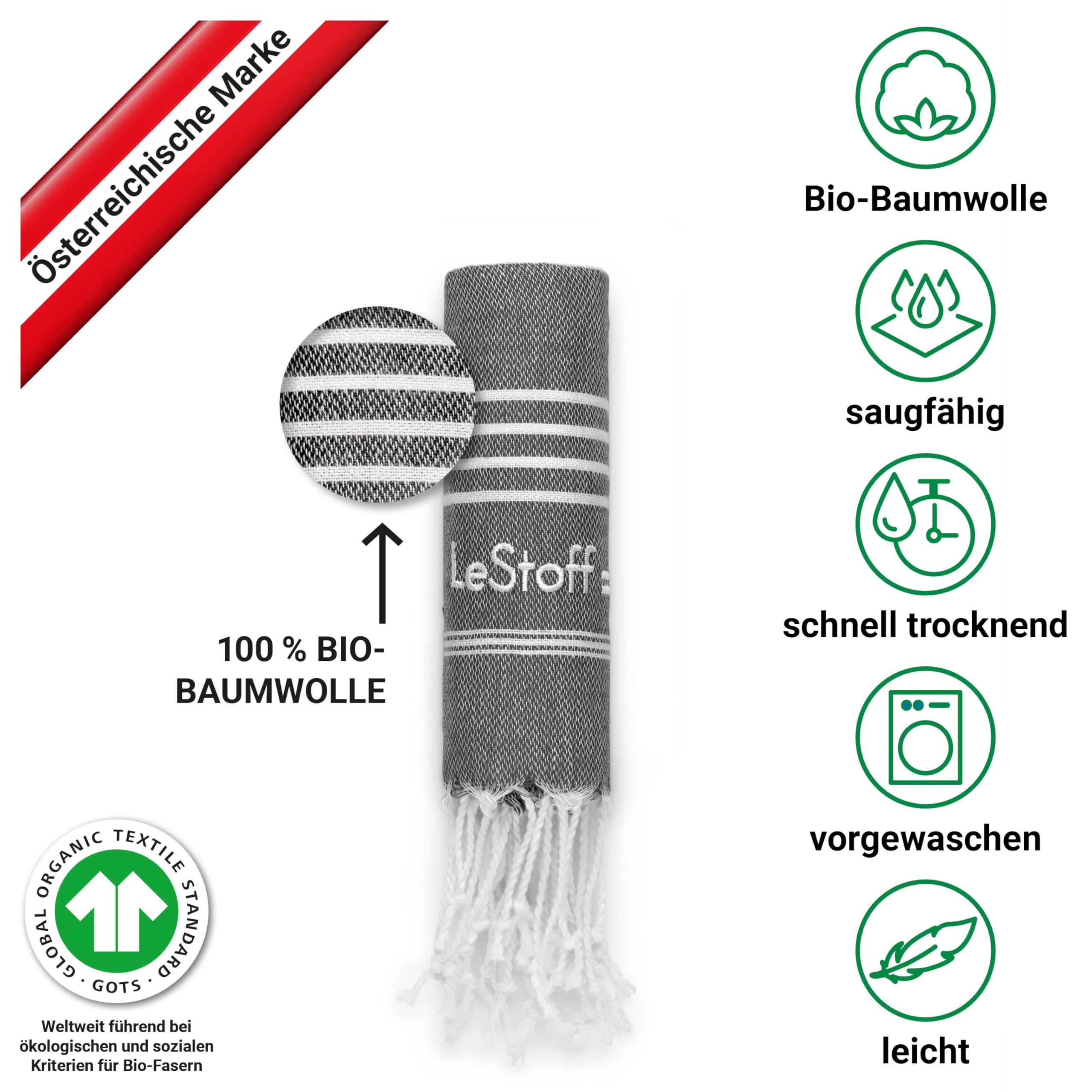 LeStoff Set 5 Teli hammam/Asciugamani ospiti, 100% cotone bio, Antracite | Teli mani e viso per bagno, palestra, viaggio e campeggio – prelavati, leggeri, compatti, assorbenti e ad asciugatura rapida