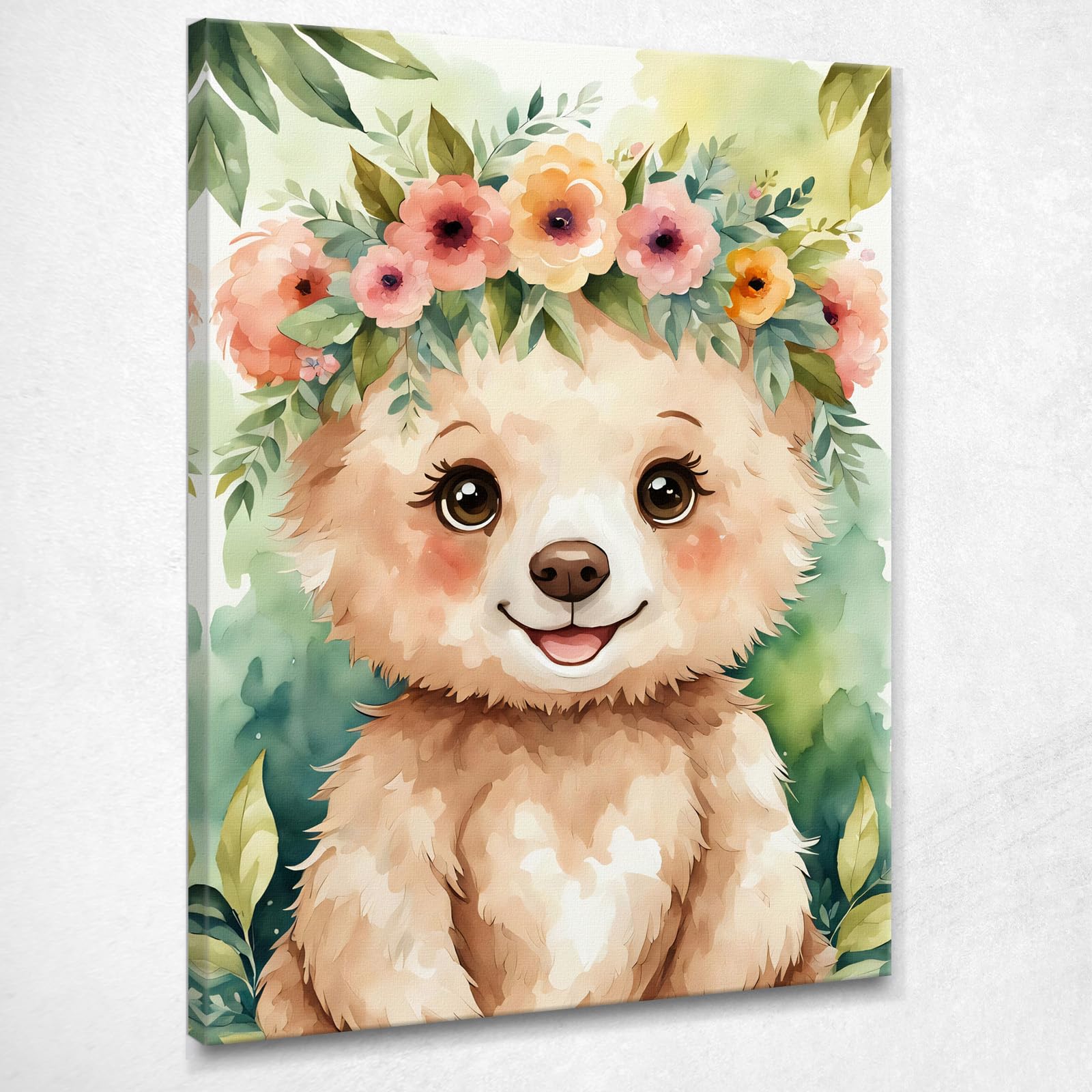 Décoration de crèche, tableau pour bébé et fille, ourson avec couronne de fleurs colorées, impression sur toile, encadré prêt à accrocher bana2-40x30 cm