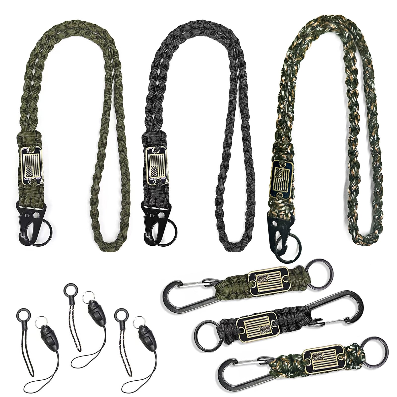 SVICCOOKQ 6Pcs Heavy Duty Lanyard And 6Pcs Short Paracord Keychains,Paracord Lanyard With USA Flag Military Lanyard,Braided Parachute Lanyards for Outdoor Activities