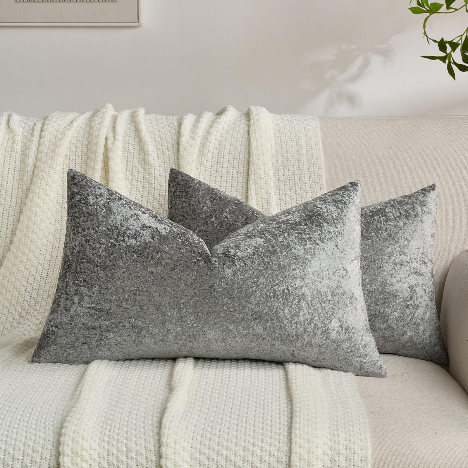 FUTEI Set of 2 Soft Flannel 30x50 cm Cushion Covers Crushed Textured Solid Scatter Pillowcase 30 x 50 cm Modern Accent for Sofa Bedroon Living Room, Dark Grey