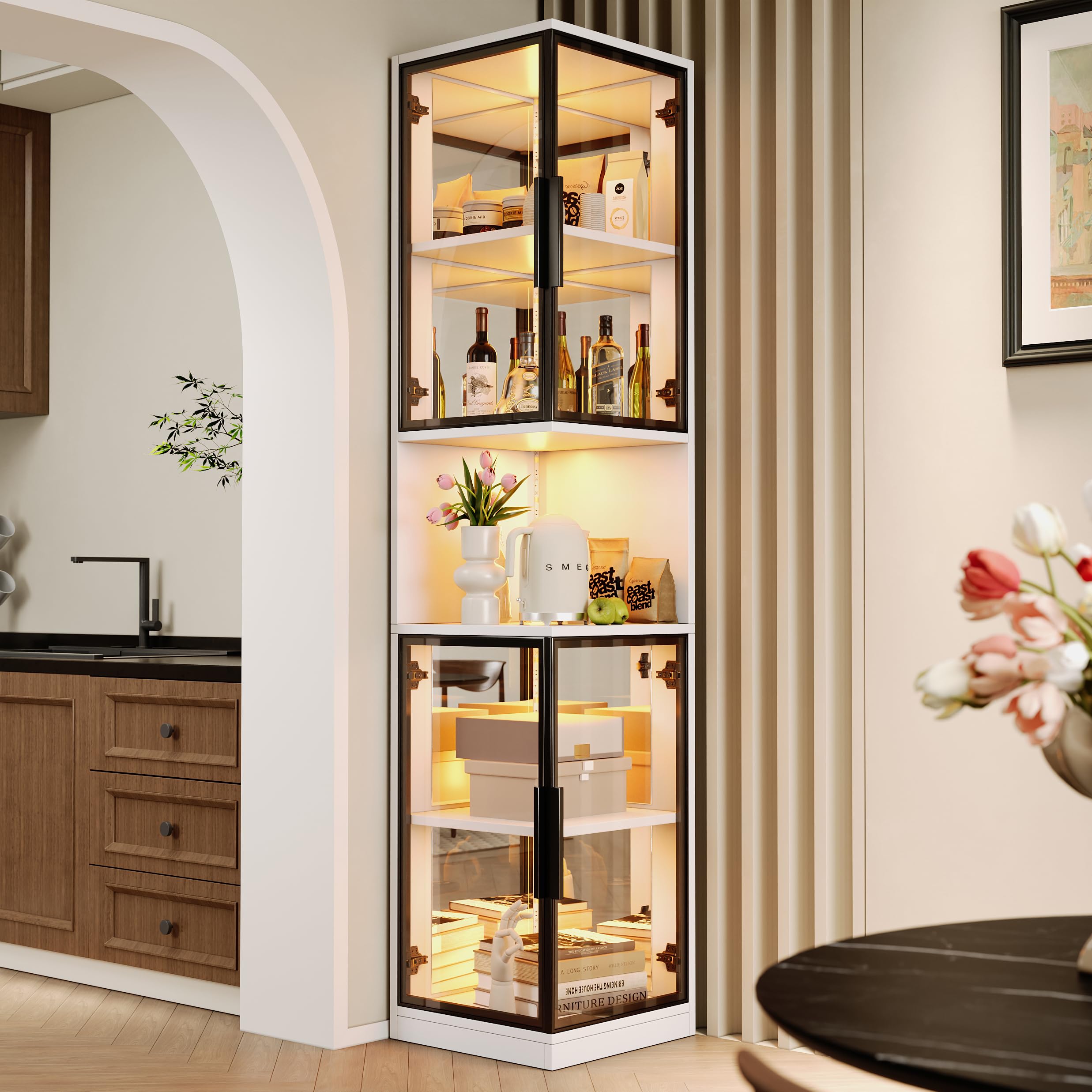 Dolamaní Vitrine 205 cm hoher mit LED Beleuchtung und Doppelten Glastüren, Glasvitrine, Eckvitrine, 5-Lagen Sammlervitrine, Kippschutzvorrichtung, für Wohnzimmer,Schlafzimmer,Büro (Weiß)