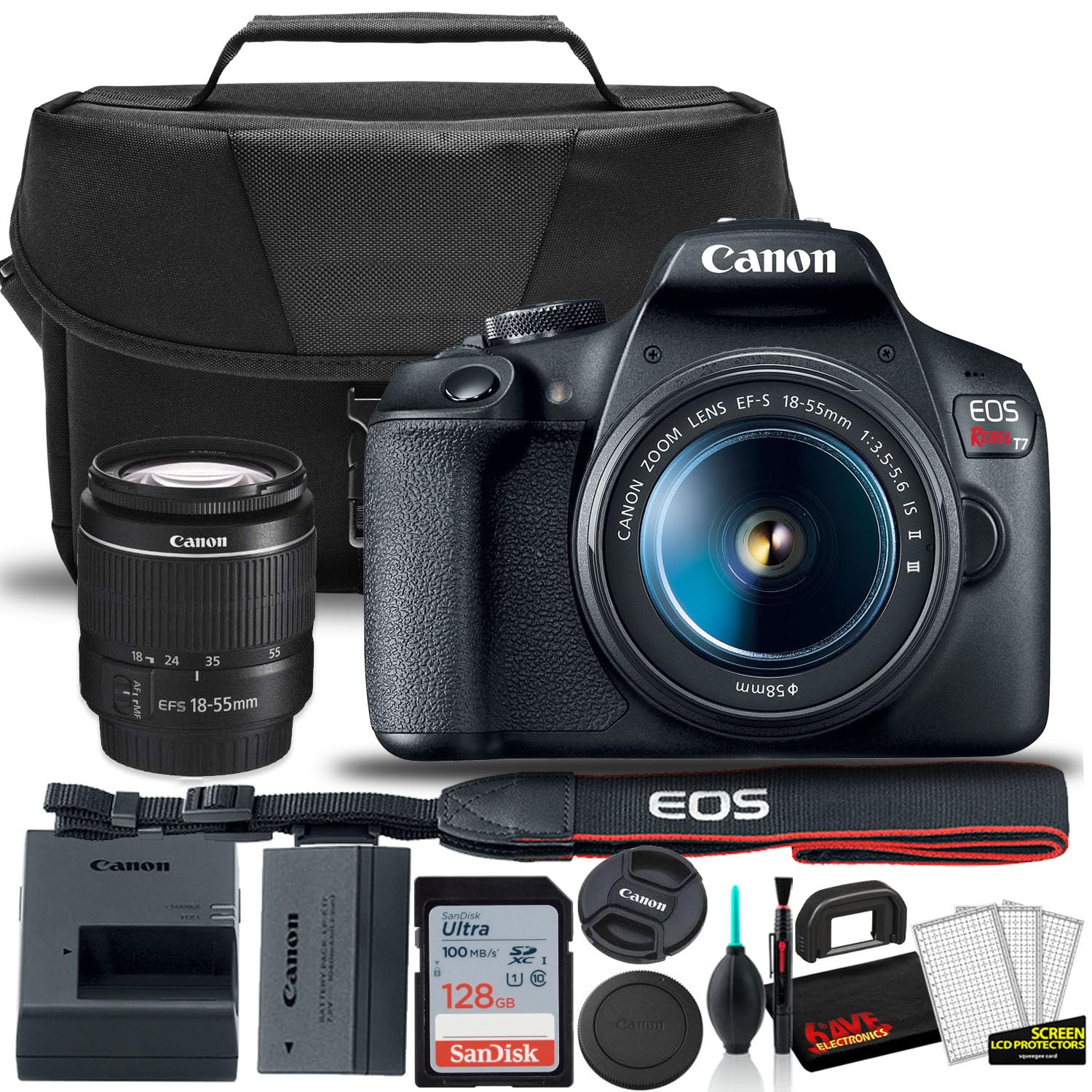 Canon EOS Rebel T7 DSLR Camera with 18-55mm Lens Starter Bundle + Includes: EOS Bag + Ultra 128GB Card + Clean and Care Kit + More (Renewed)