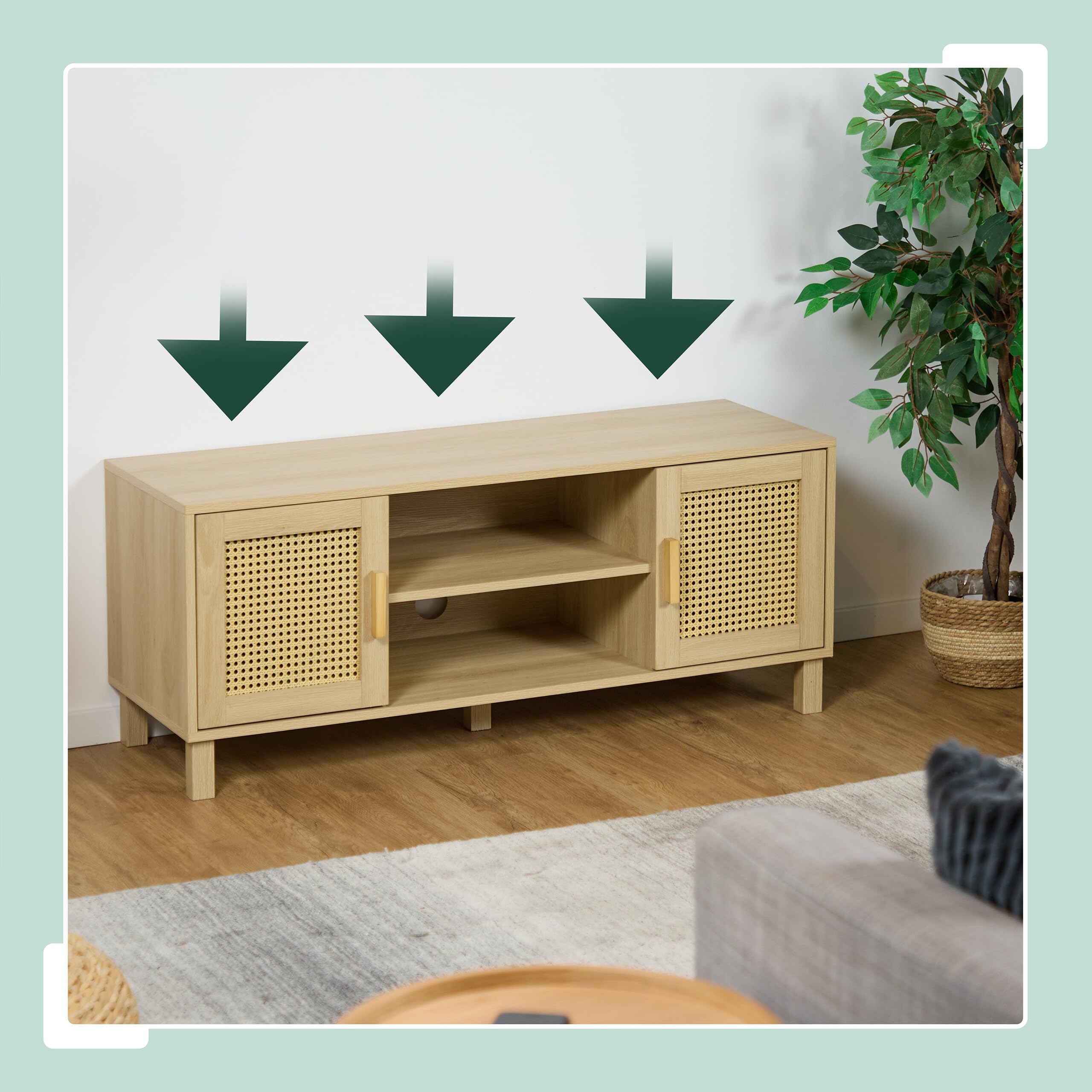 Relaxdays Mobile per TV, Design in Rattan, Mobiletto Porta Televisore 50 Pollici, HLP: 48x115x40 cm, Tavolo Basso Legno