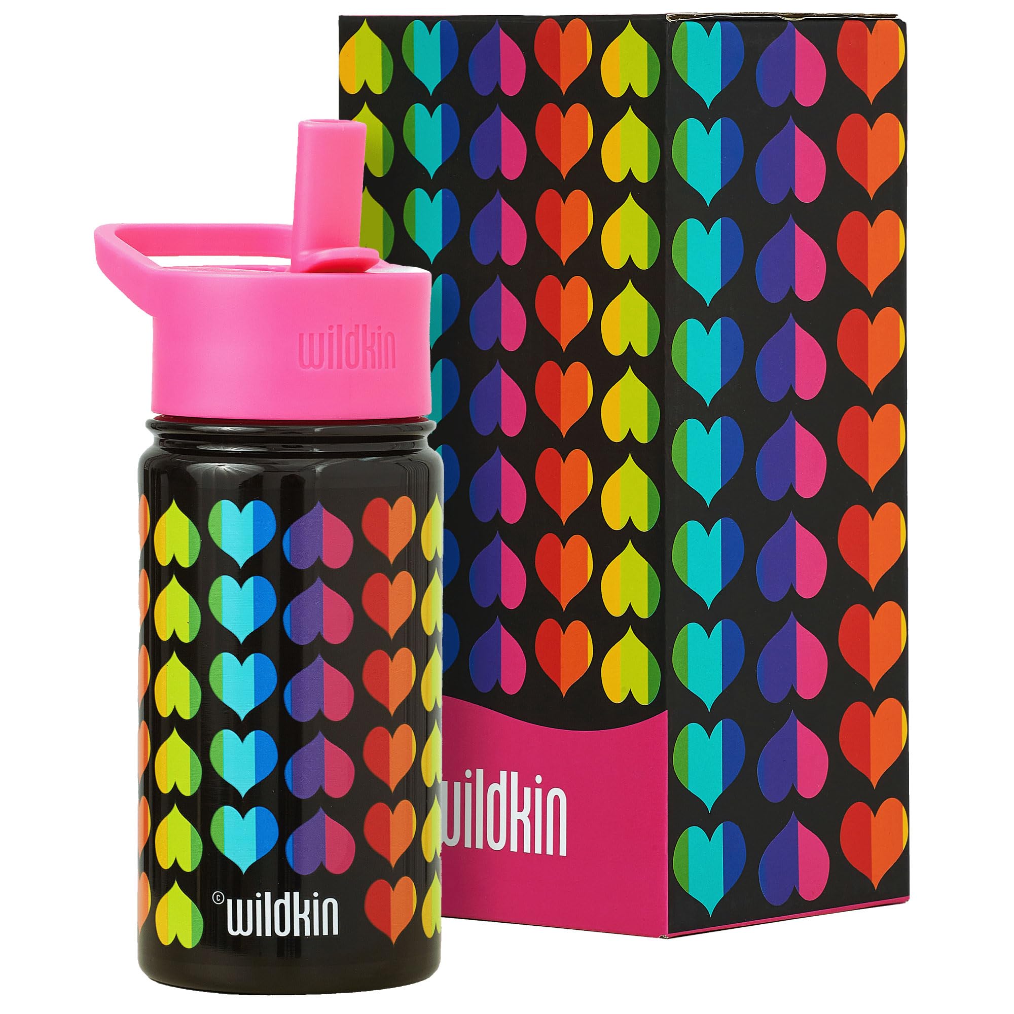 Wildkin Kids 14oz Stainless Steel Water Bottle – BPA-Free, Leakproof, Insulated, Easy-Clean - Rainbow Hearts