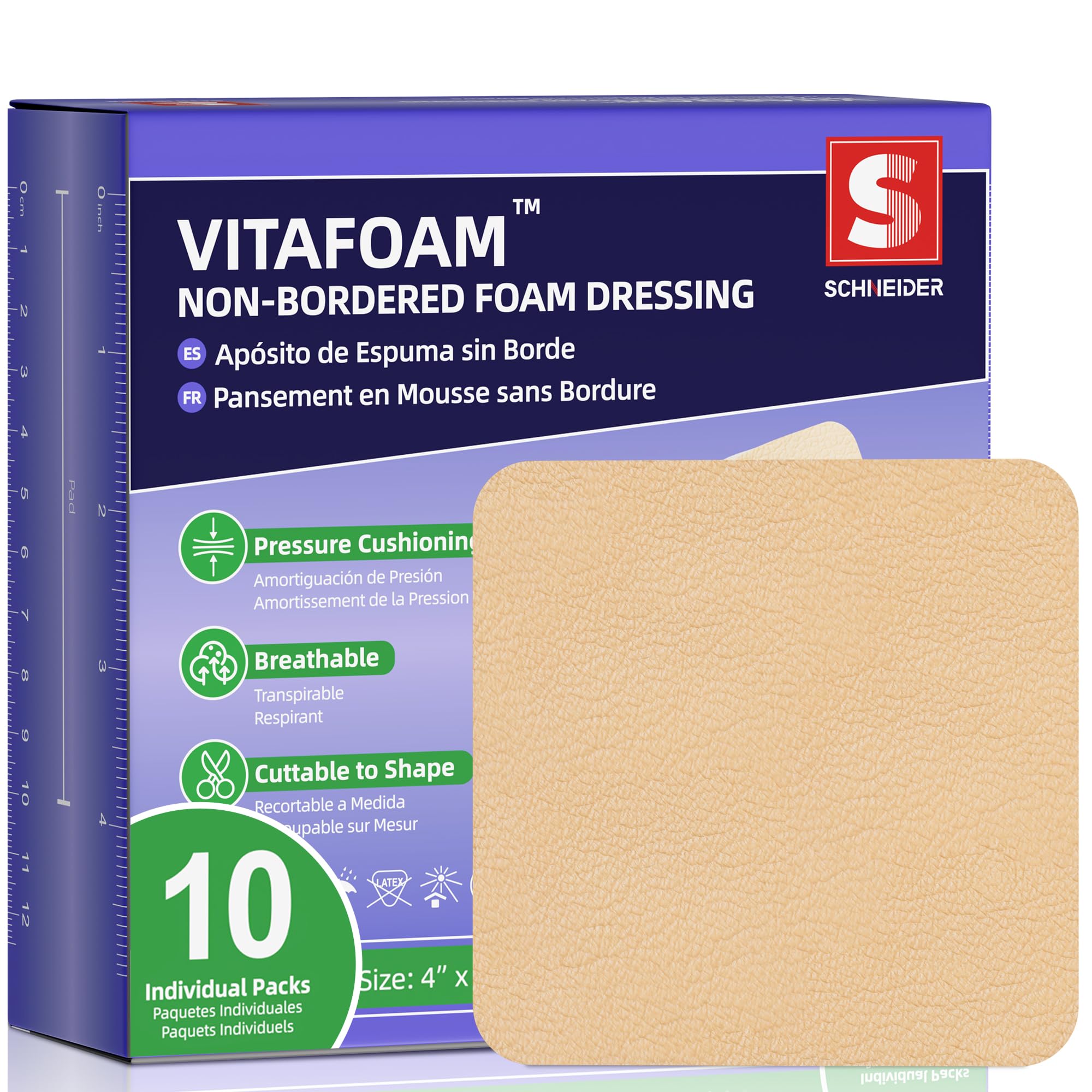 VitaFoam Non-Adhesive Foam Dressing Without Border, 4" x 4", 10 Pack | High-Absorbency Si…