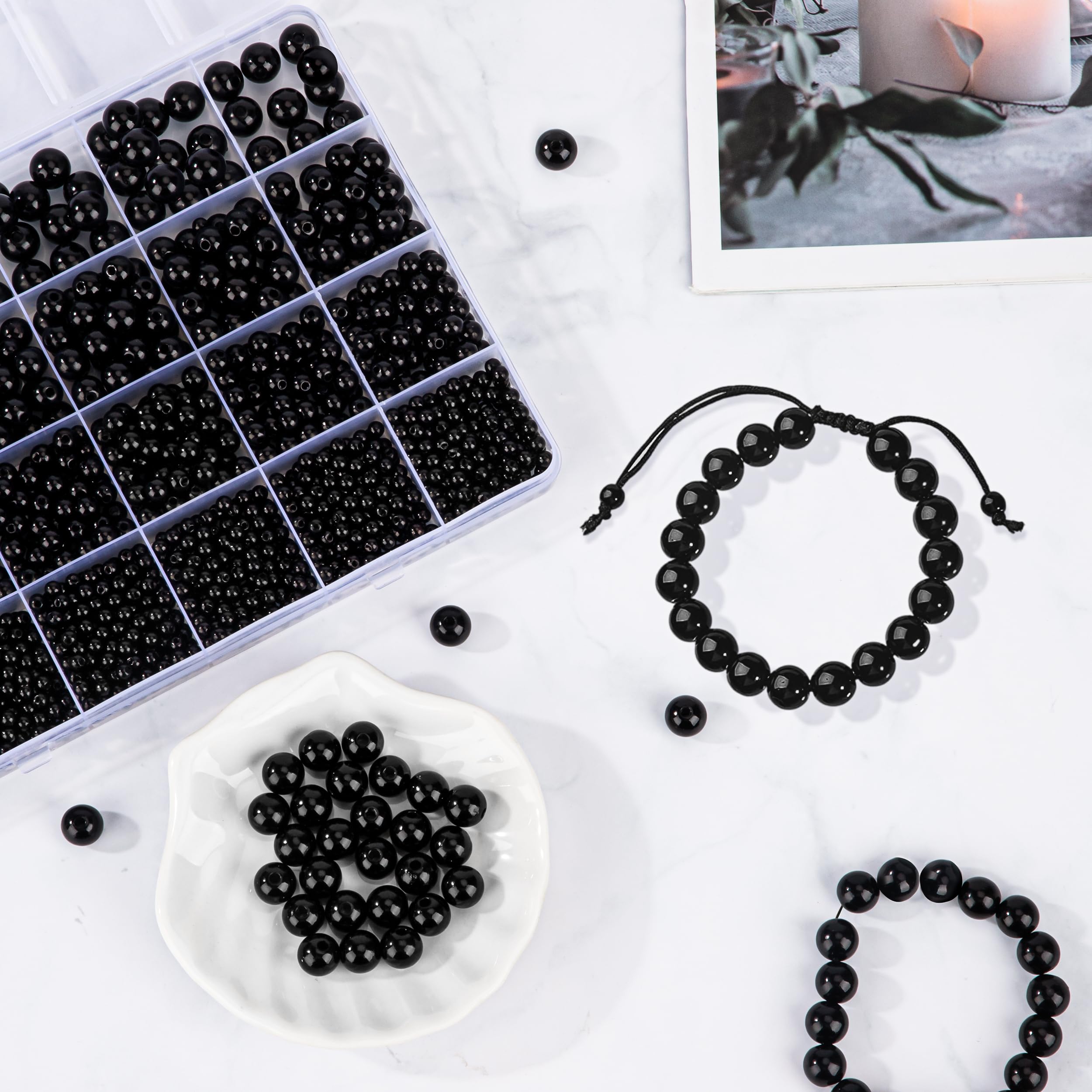 Lot De 1750 Perles Rondes Perforées En ABS Noir 3/4/5/6/8 Mm Pour Fabrication De Bijoux, Bracelets Et Colliers