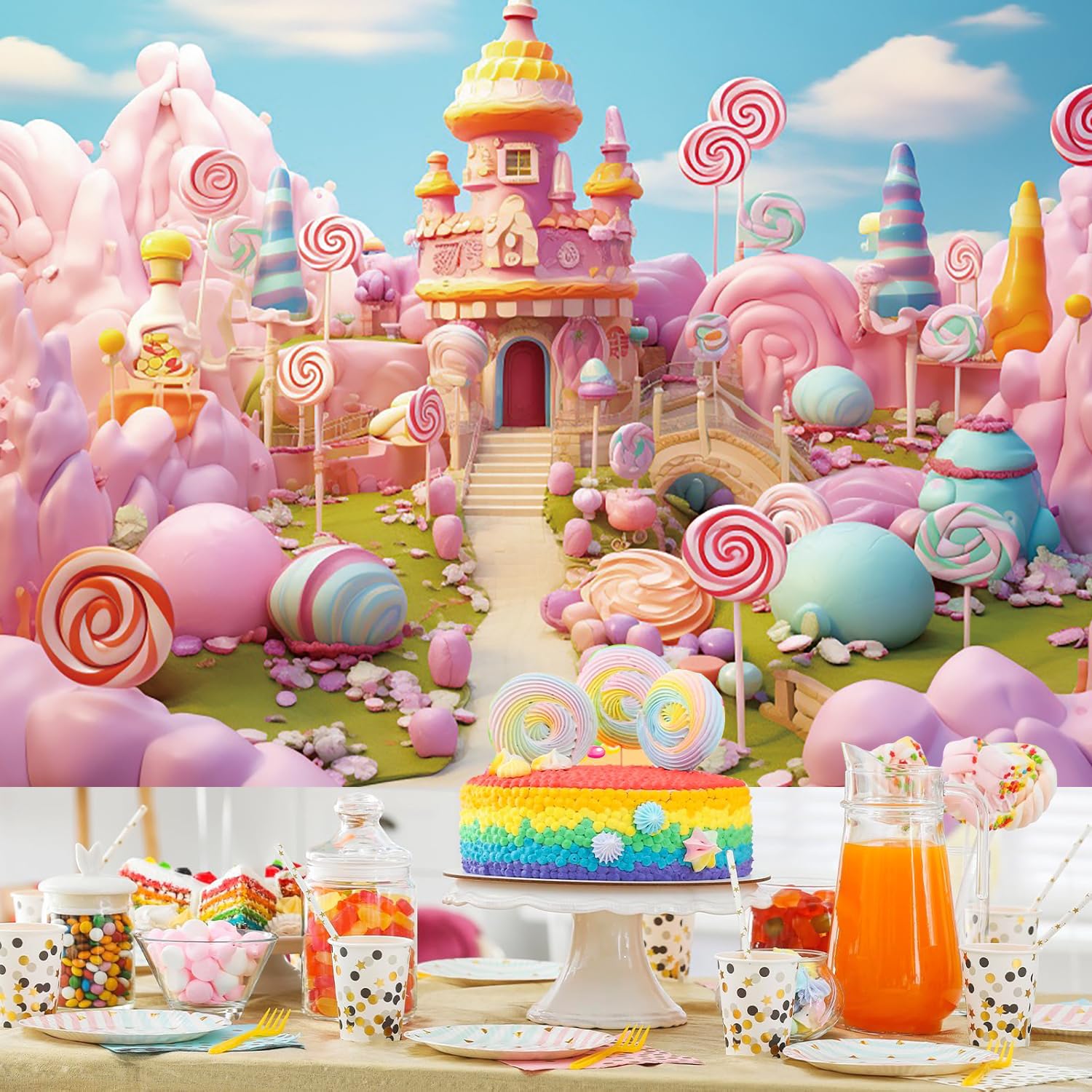 2.1x1.5m Sfondo Candyland fantasia dolce castello di caramelle lecca-lecca fotografia sfondo ragazze compleanno Candyland tema partito decorazioni Banner Photo Booth Props
