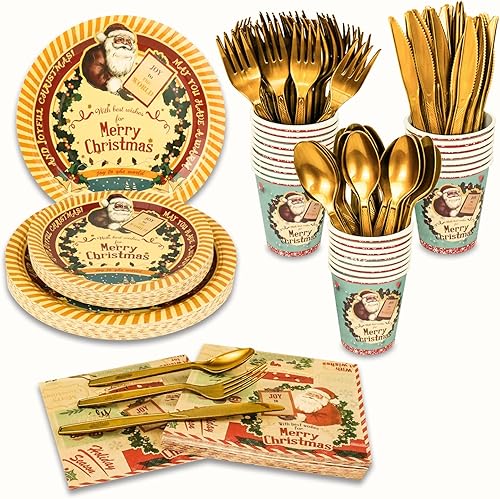 Miniatura 8 de Juego de 175 piezas desechables para fiestas de Navidad, vajilla para fiesta de Navidad, platos de papel y servilletas para 25 invitados (tipo 1)