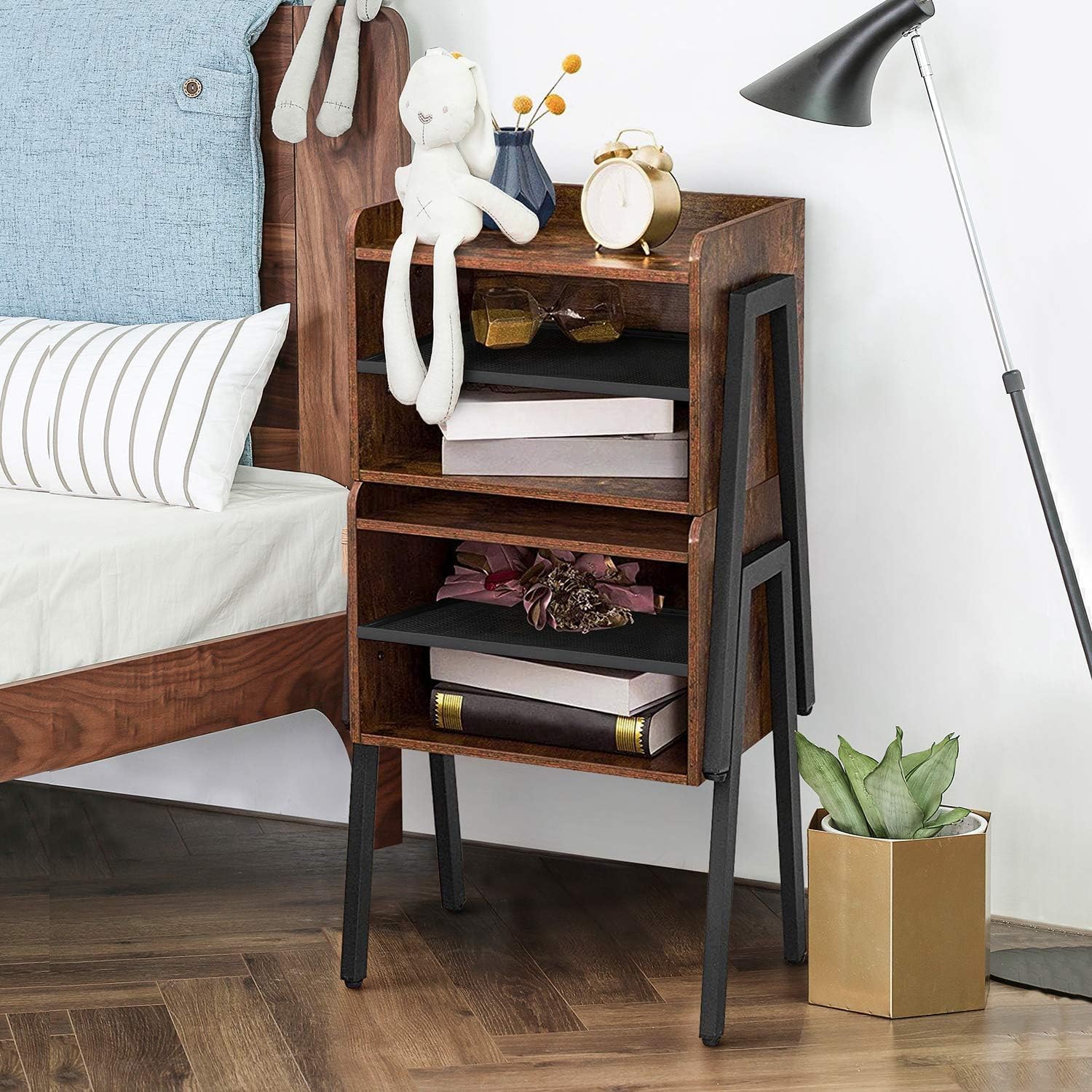 VECELO Nightstand Industrial Side Table/End Table/Stackable Accent Furniture with 2-Tier Open Storage Shelves for Bedroom, Living Room and Small Spaces