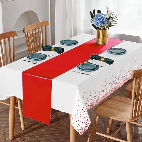 Miniatura 4 de Juego de 8 manteles de plástico desechables y camino de mesa de satén, mantel con lunares blancos y rojos, camino de mesa de satén rojo para bodas,