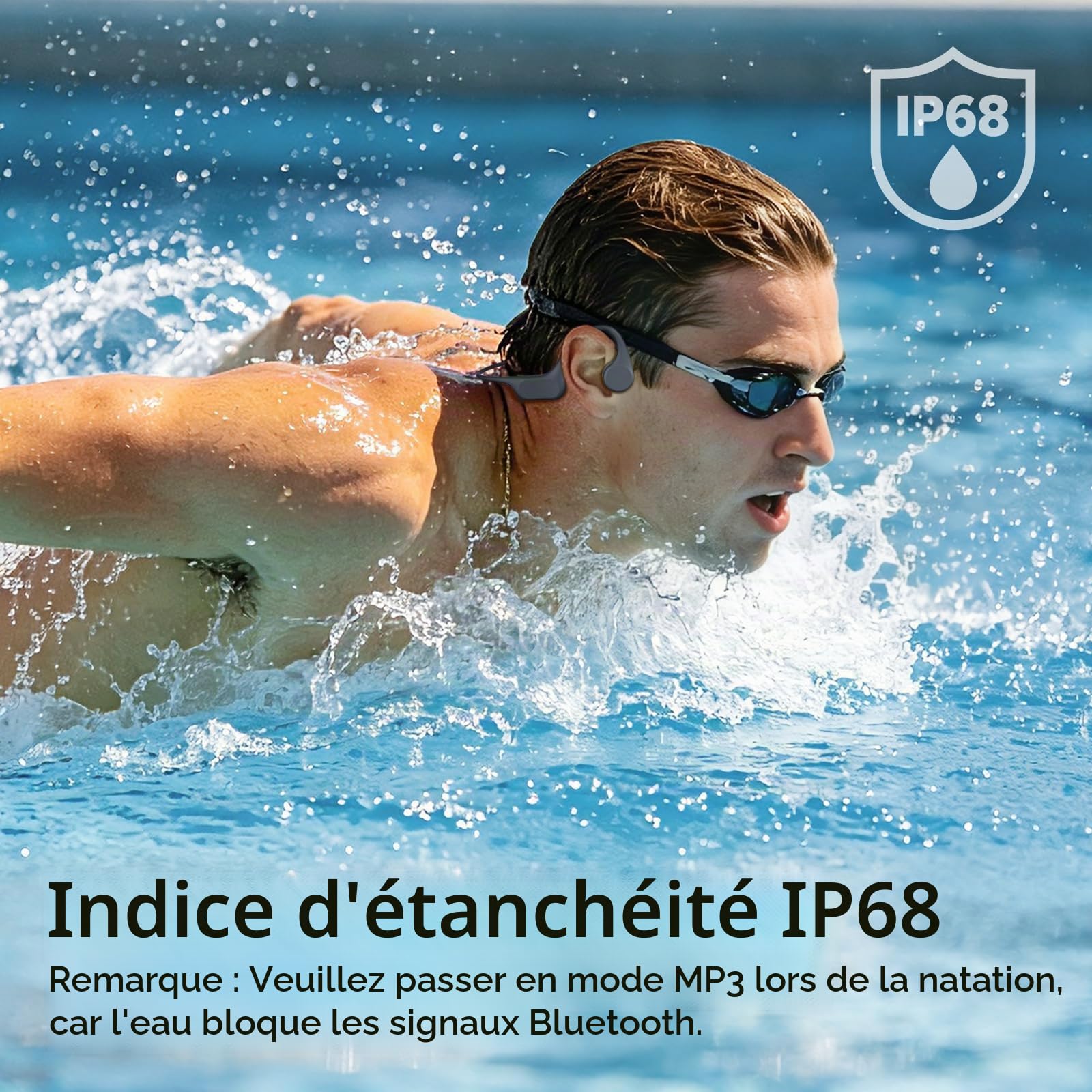 Casque Conduction Osseuse Natation, IP68 Ecouteur Piscine Bluetooth 32 Go