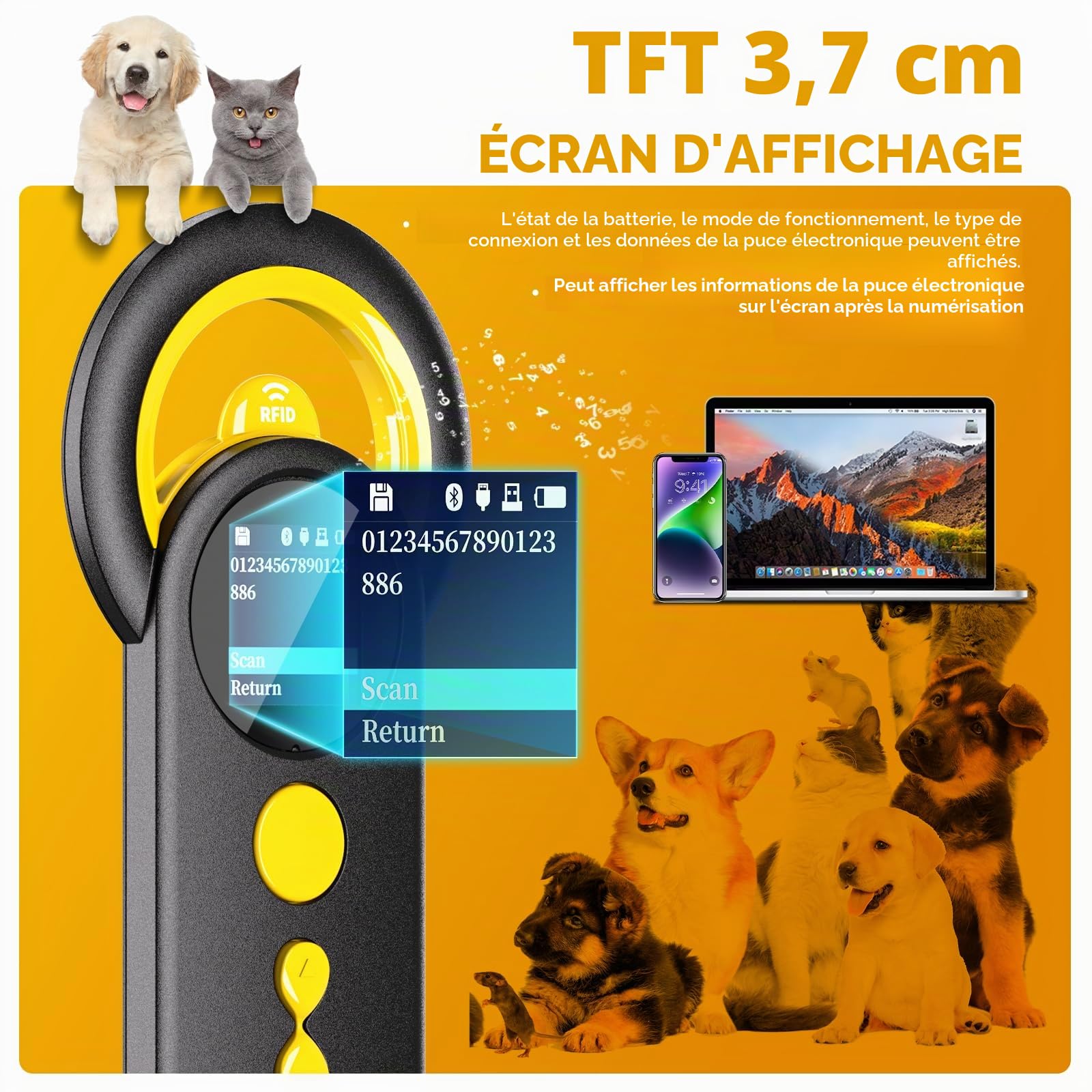 NETUM Lecteur de Puces Bluetooth pour Animal Domestique, 3 en 1 sans Fil, Lecteur Universel de Micropuce pour Animaux avec Écran TFT de 1,44", Batterie Rechargeable de 1200 mAh, Stocke jusqu'à 20 000