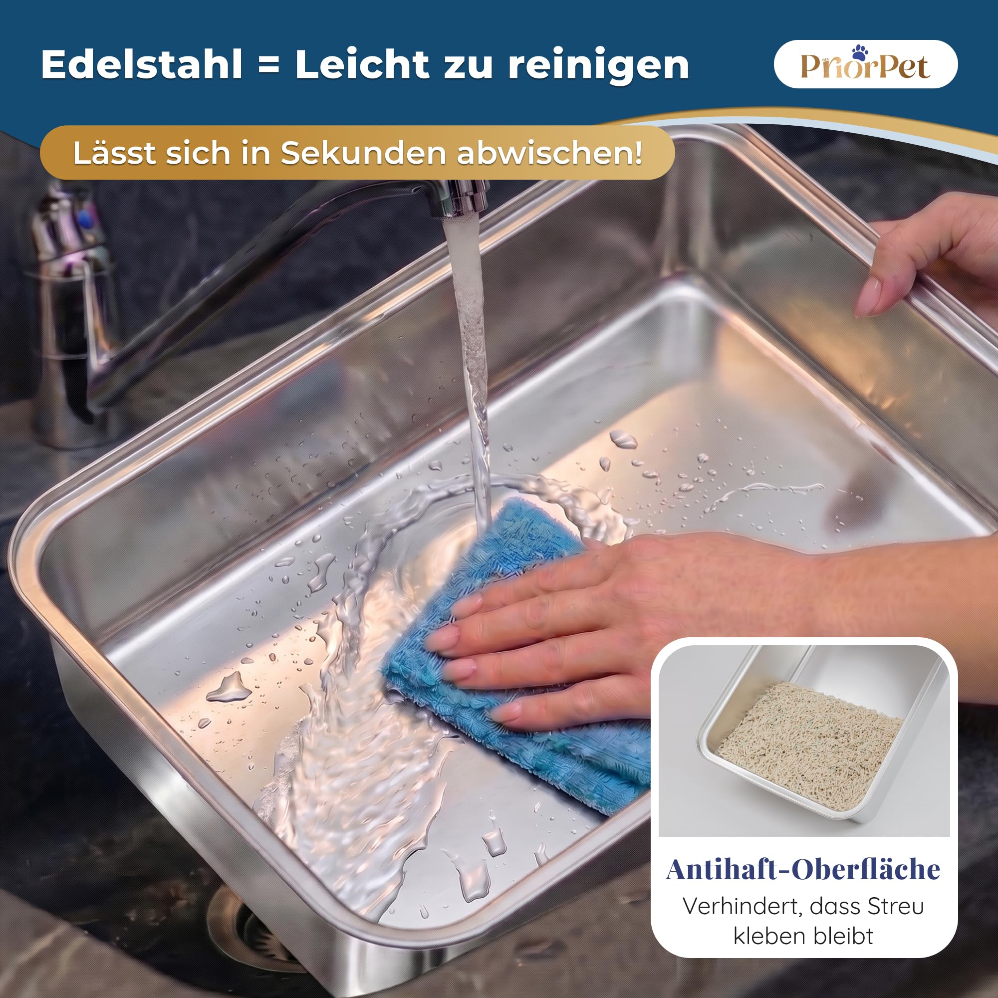 Katzenklo Edelstahl XXL – Leicht zu reinigen, geruchsresistent – Katzentoilette mit hohem Rand, 38L – Auslaufsicher, antihaftbeschichtet – Mit Schaufel & Matte