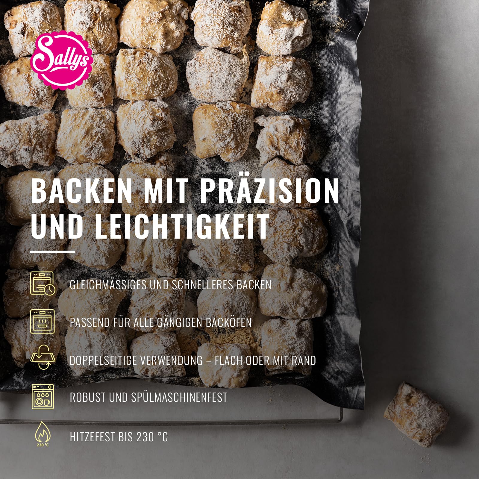 Sallys Premium Backblech V3 - Ausziehbares Edelstahl Backblech 39–46 cm - Perforiertes Lochblech für gleichmäßiges Backen - Beidseitig nutzbar - bis 230°C