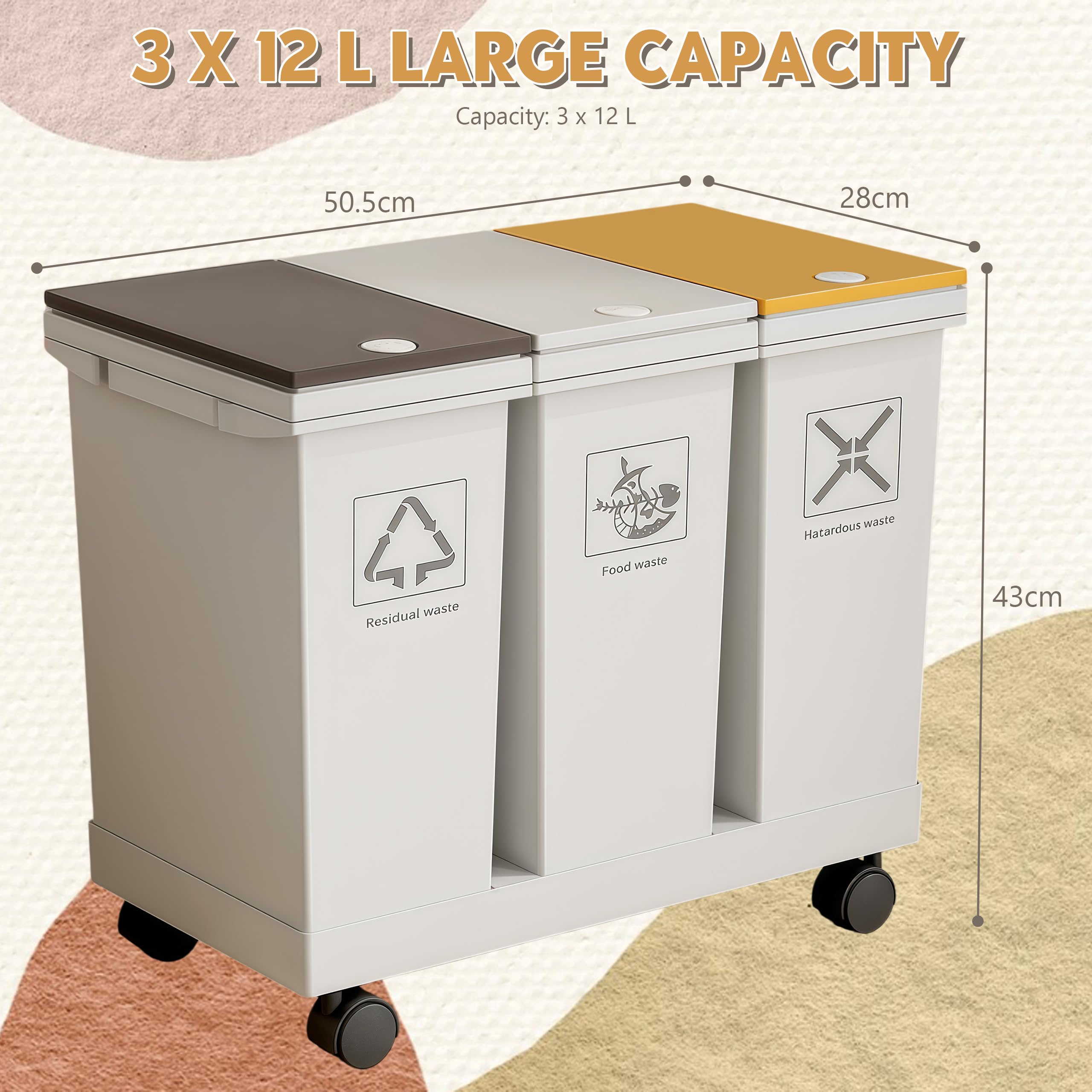 Mobiles Mülleimer Küche 3 x 12 L mit Rollen Mülltrennsystem 3 Fächer | mit Druckdeckeln für Zuhause und Büro Abnehmbarer Trash Can für Küchenabfälle Plastik Papier und Glas
