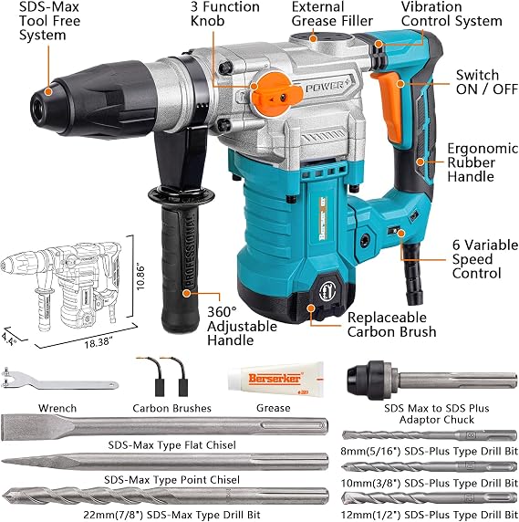 Berserker 1-9/16 SDS-Max Heavy Duty Rotary Hammer Drill for Concrete 42M | 1600W 13 Amp 3 Functions 16 lb. Corded Electric Variable-Speed Safety Clutch Vibration Control Demolition Rotomartillo