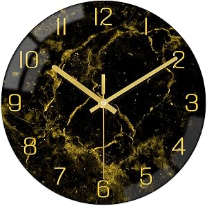VIKMARI 12" Black Gold Marble Silent Wall Clock Bathroom Living Room Decor | Modern Battery Operated Non-Ticking Round Quartz Marble Texture Clock Gold Hands Rustic Golden Kitchen Decor
