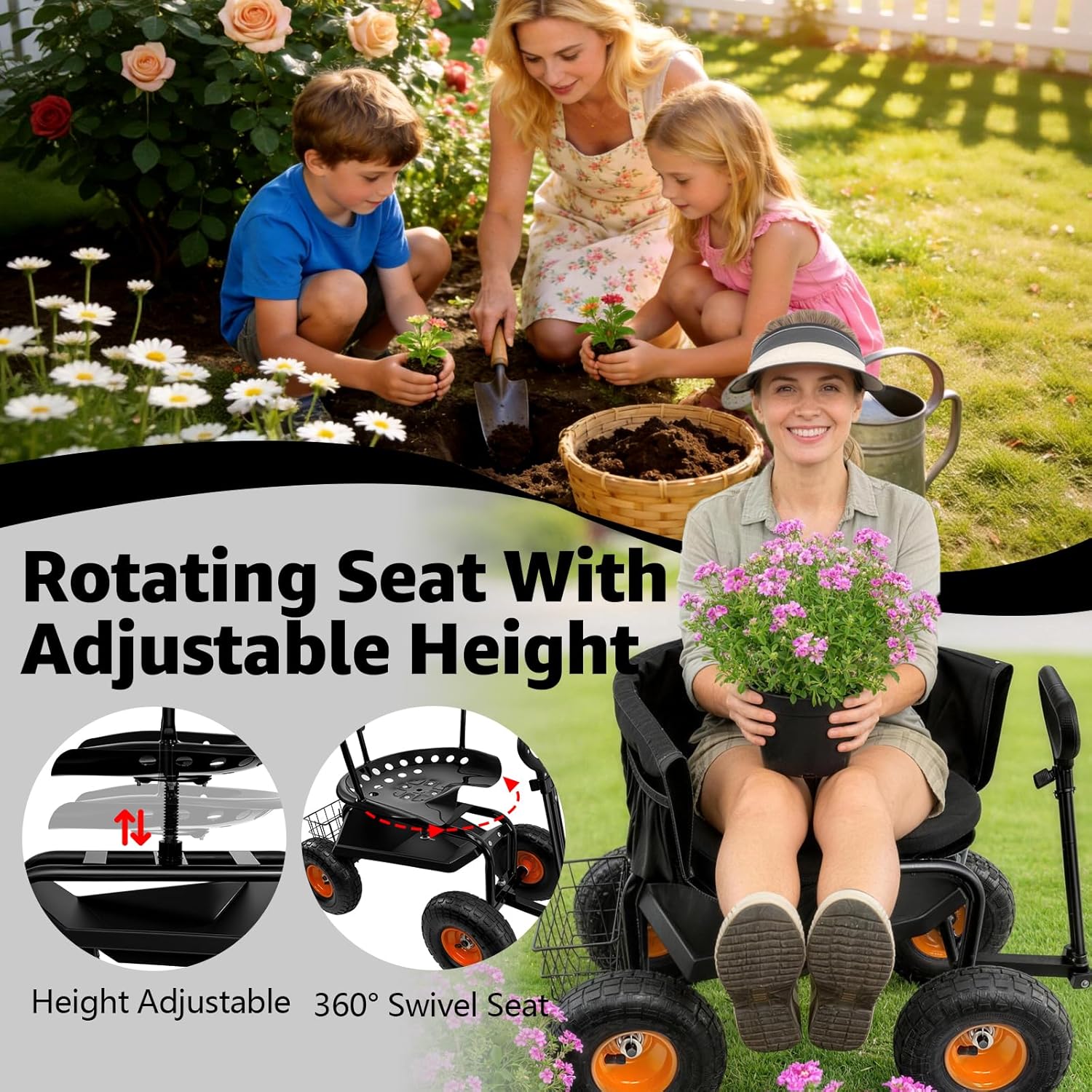 Garden Seat with Wheels, 400lbs Rolling Garden Stool, with Height Adjustable & 360° Swivel Seat, Tool Tray & Storage Basket, Outdoor Gardening Scooter, Garden Cart Workseat for Yard, Patio